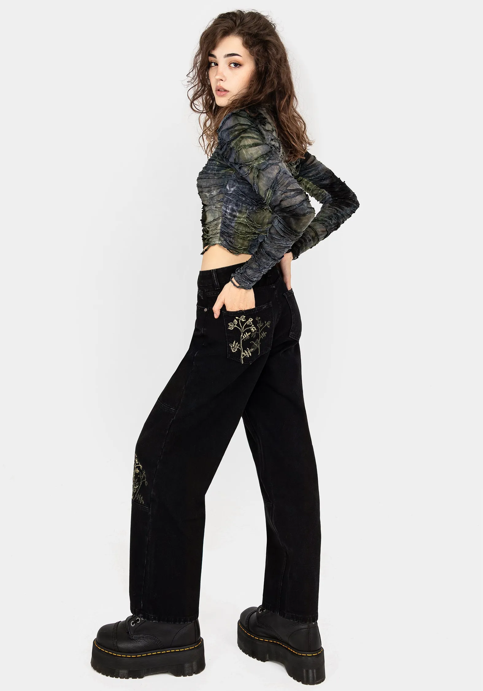 Street Fashion Affordable Versatile Fit Buckthorn Embroidered Denim Barrel Leg Jeans