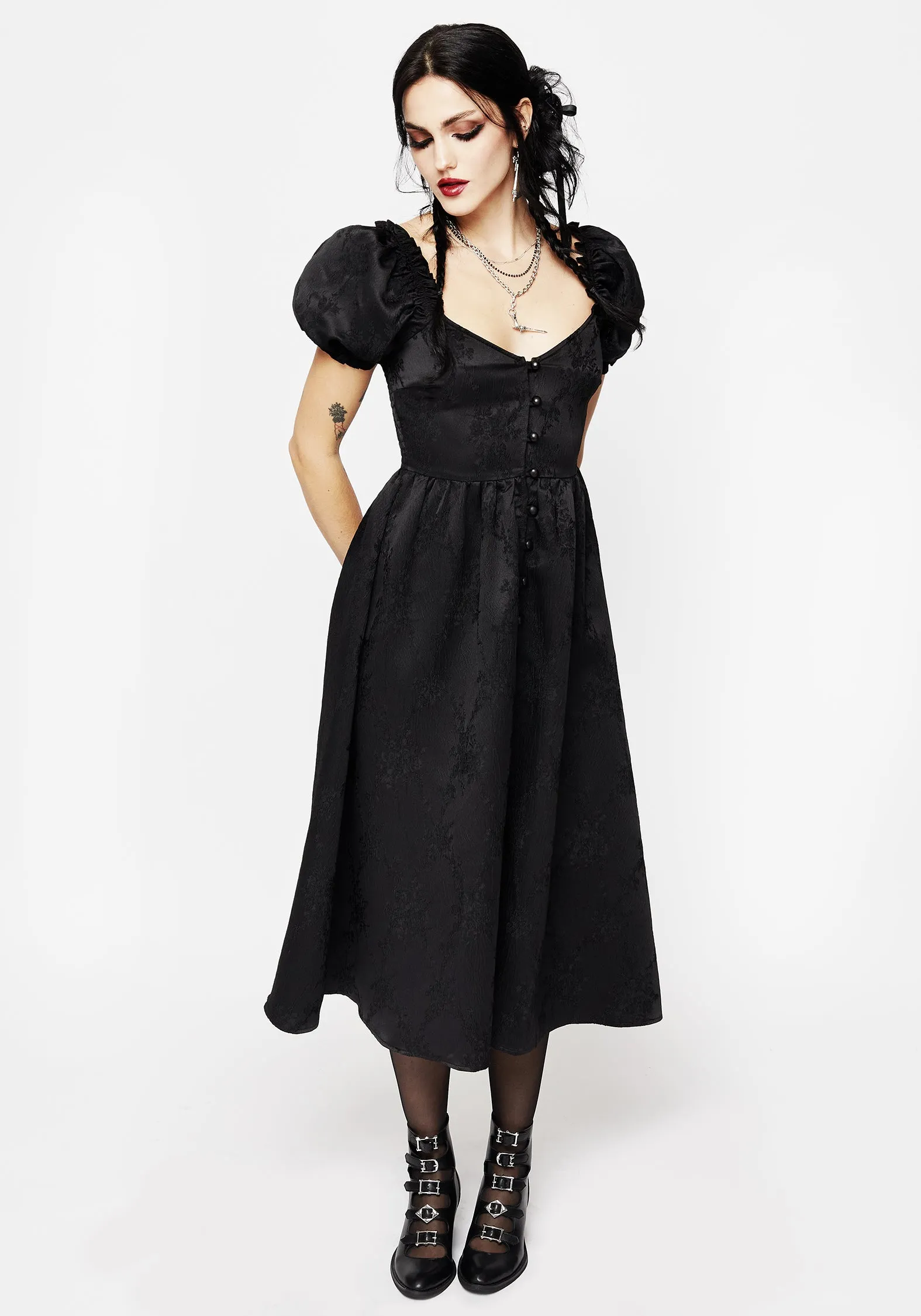 Comfort Fit velvet feel Sylvie Puff Sleeve Midi Dress
