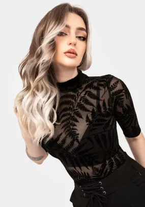 Lunafern Flocked Fern Short Sleeve Mesh Top Colorfast Dye Method Flexible Ribbed Cuffs