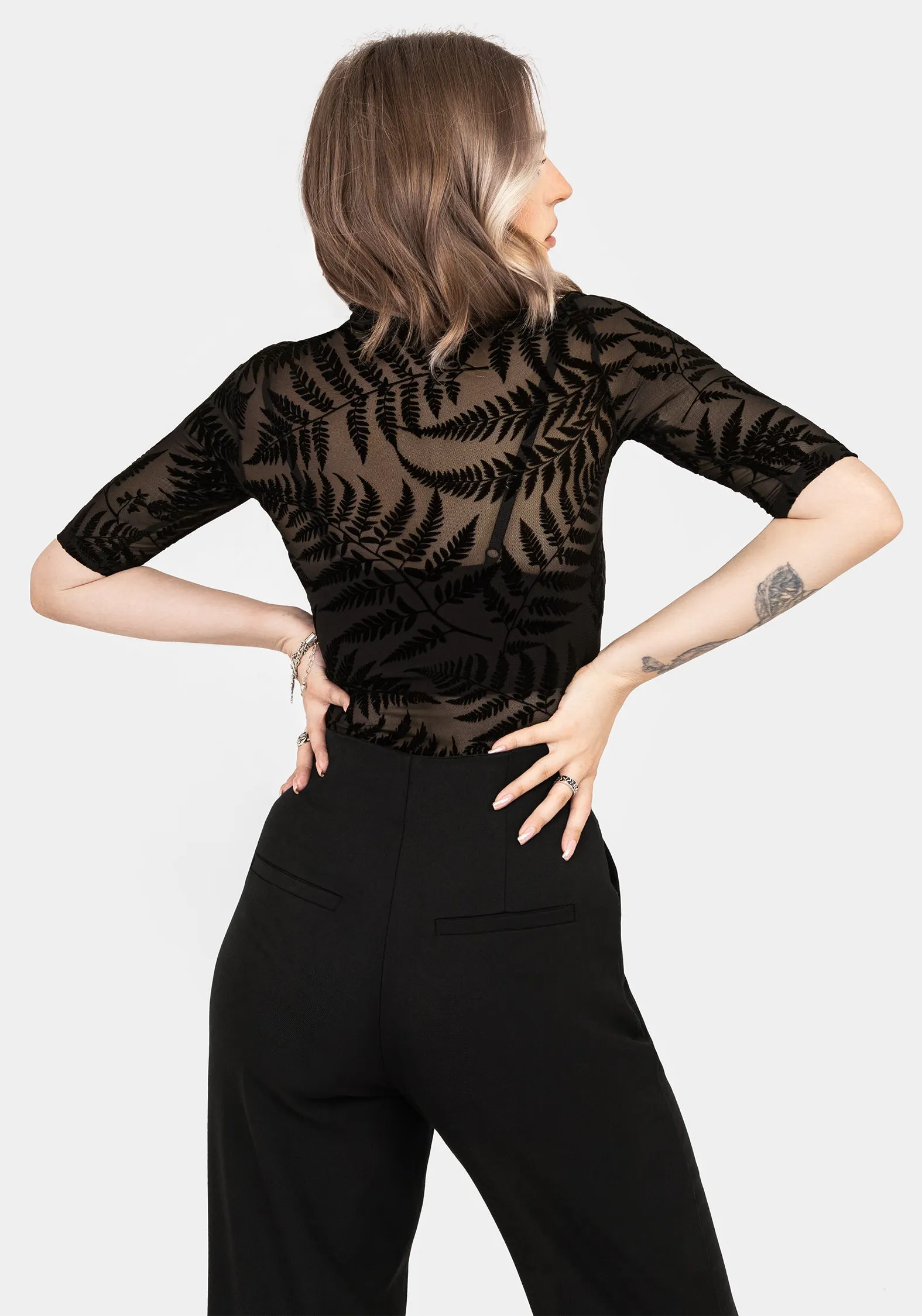 OdorResistantFinish Lunafern Flocked Fern Short Sleeve Mesh Top