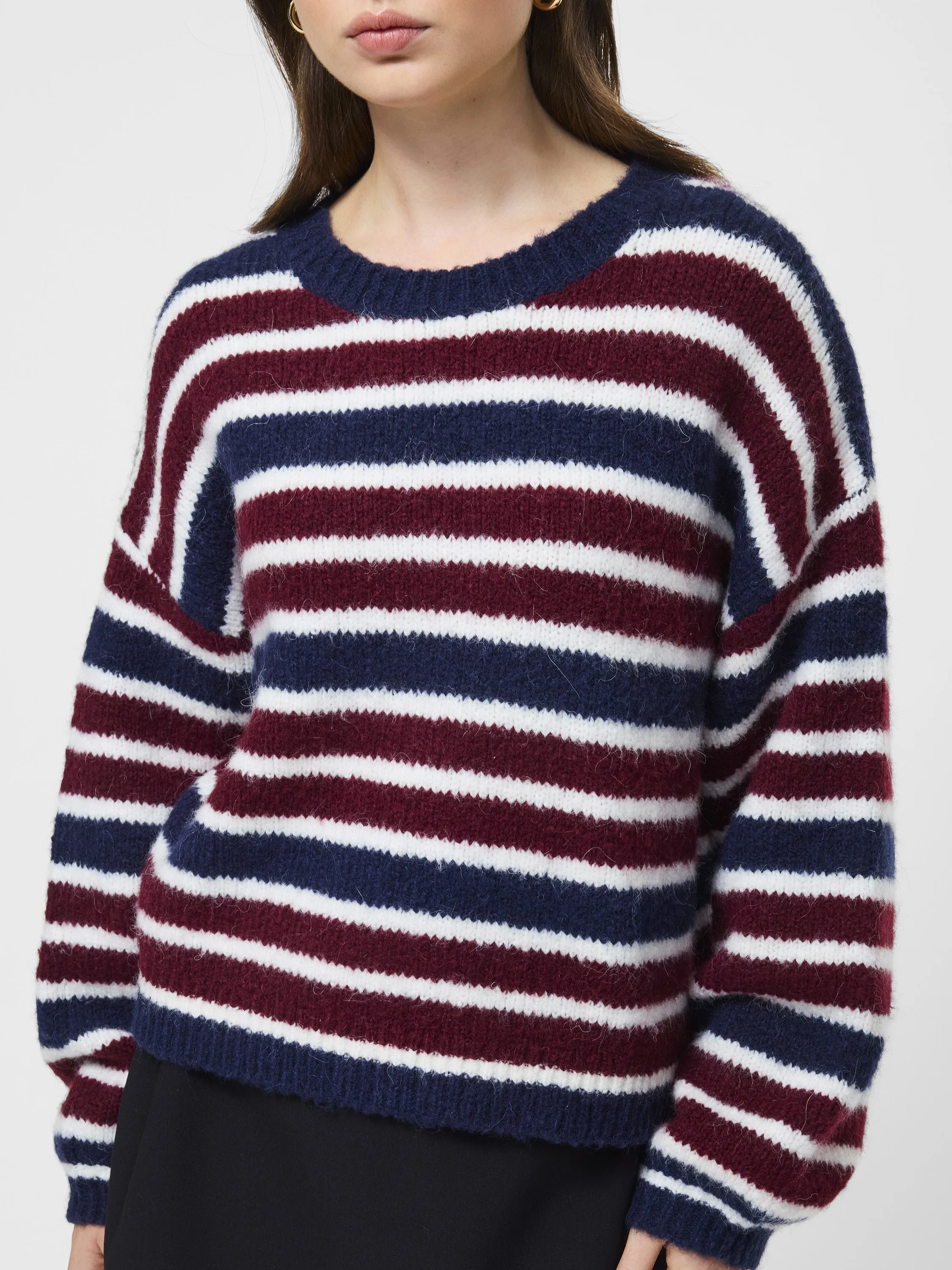 Chunky Alpaca Striped Sweater Ribbed Hemline