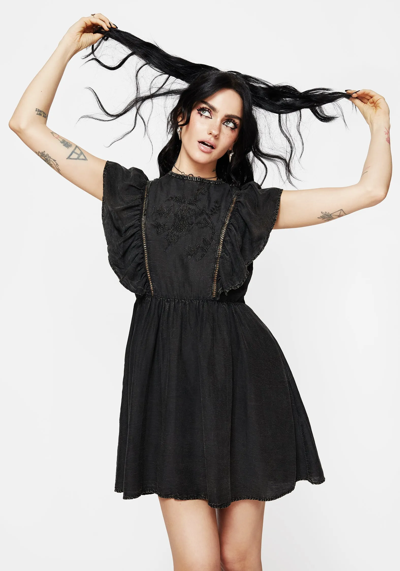 Draped Silhouette Sculpted Form Eartha Cotton Embroidered Frill Detail Mini Dress