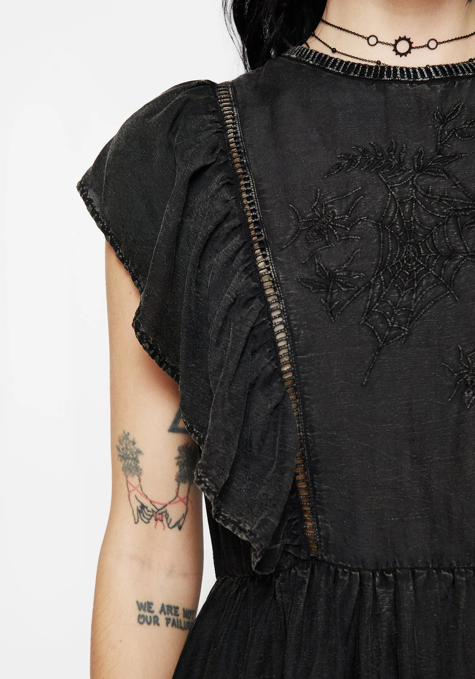 Asymmetrical hem Eartha Cotton Embroidered Frill Detail Mini Dress