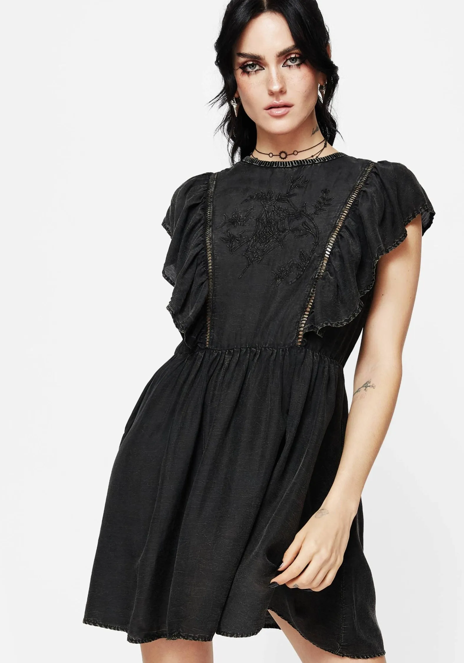 Eartha Cotton Embroidered Frill Detail Mini Dress Event Ready