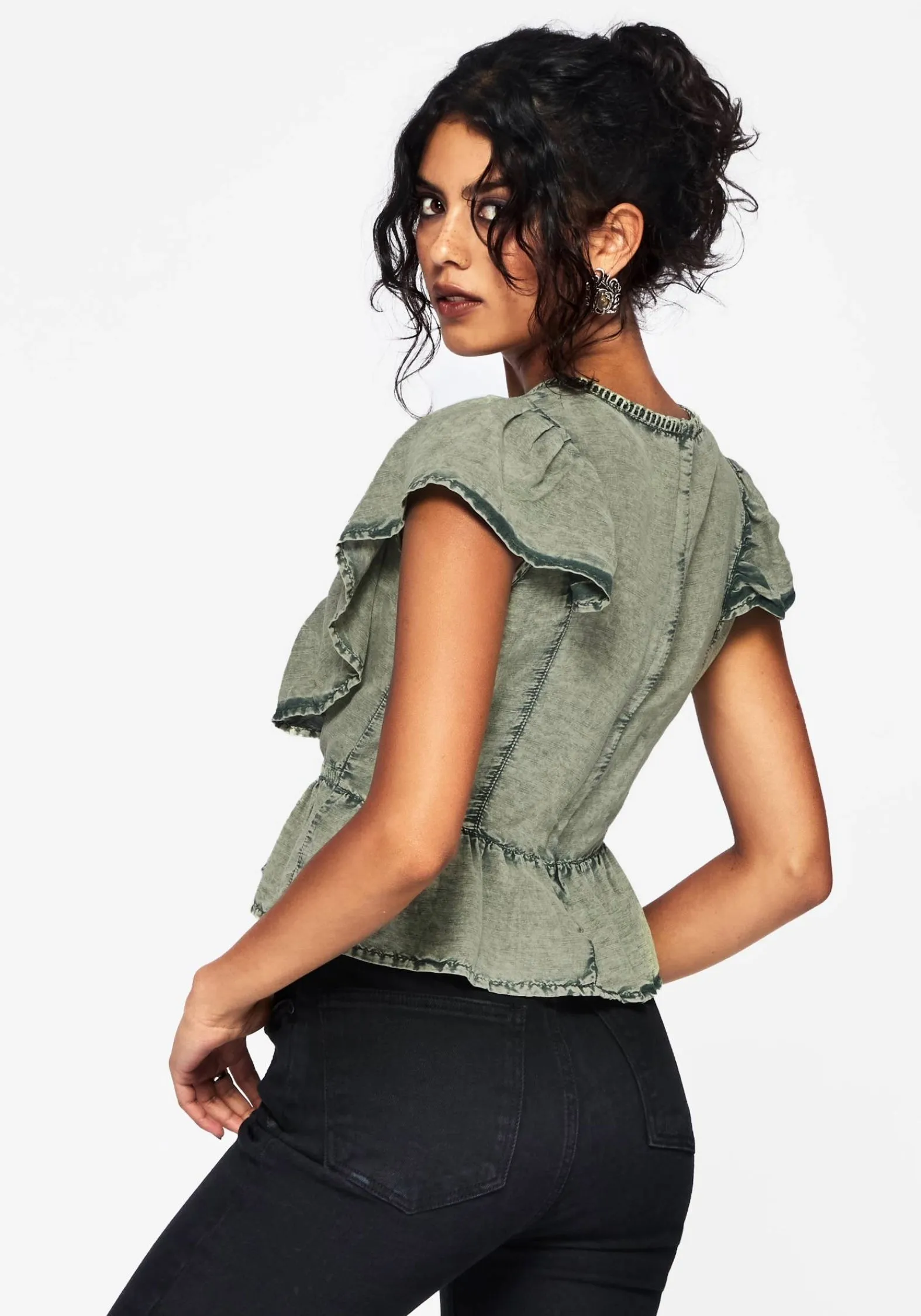 EasyCareFabric Eartha Embroidered Cotton Frill Detail Peplum Top