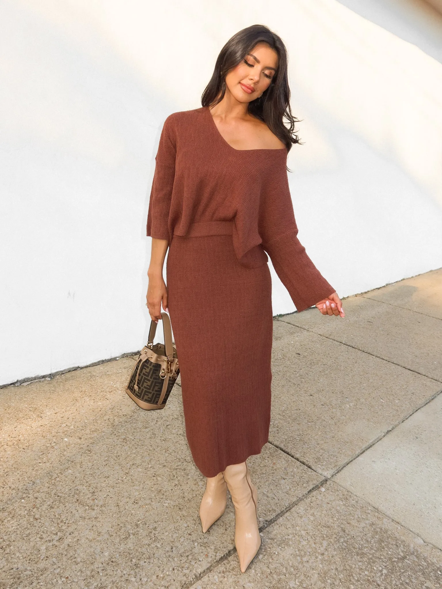 Easton Knit Midi Skirt in Brown - Final Sale Year Round Simple Piece