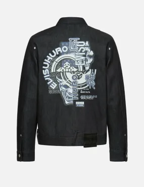 AbrasionResistant Hannya and Kamon Collage Print Denim Jacket