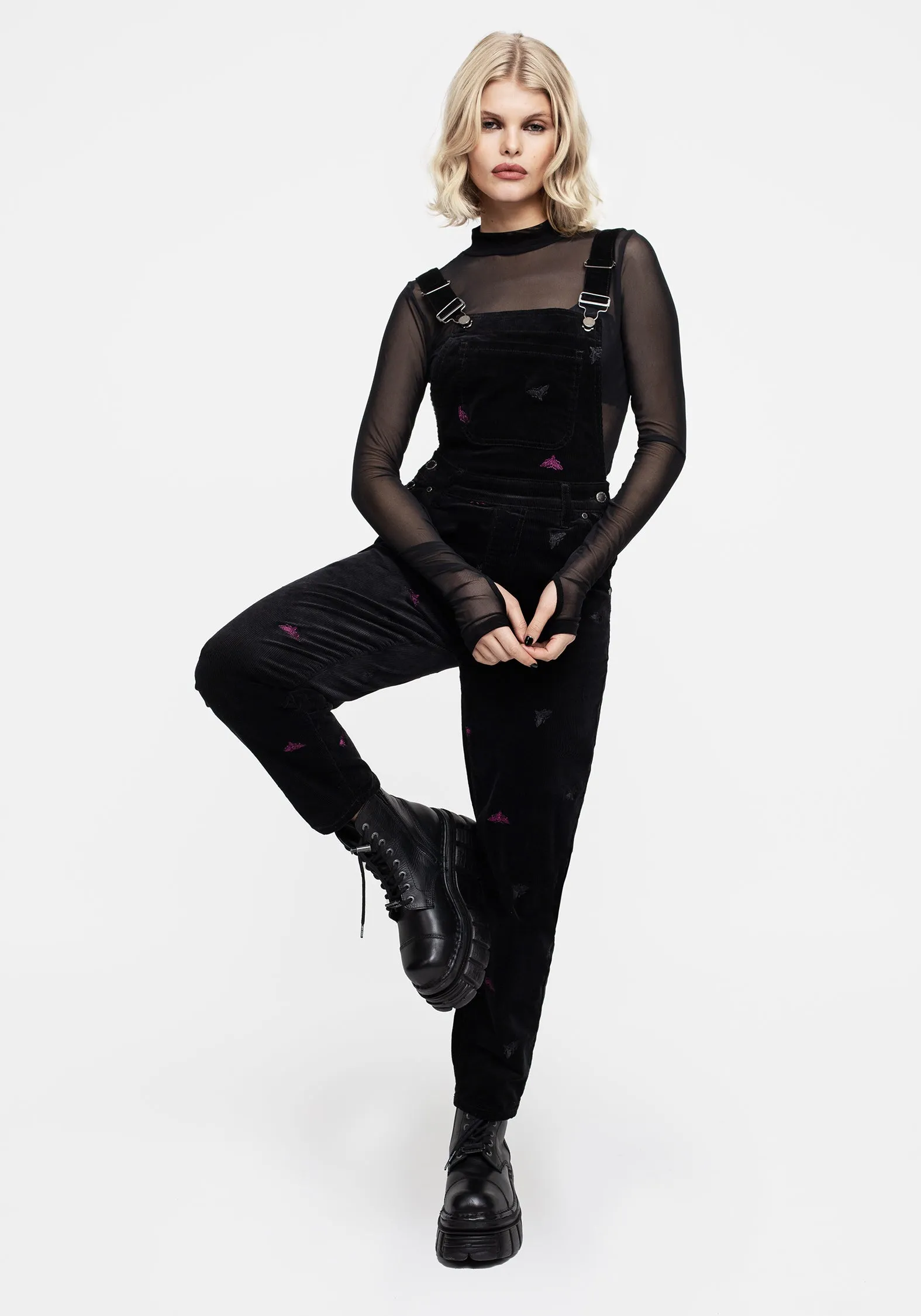 Styx Moth Embroidered Cord Balloon Leg Dungarees Recyclable Fabric Blend ElasticWaist