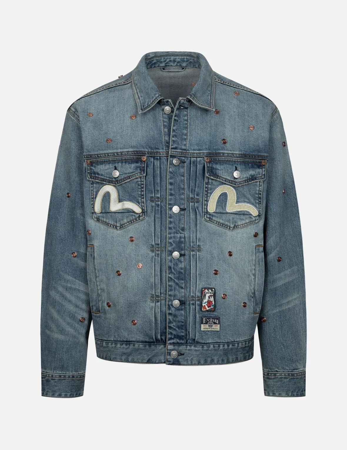 Allover Rivets and Seagull Applique Relax Fit Denim Jacket Biodegradable Fiber Blend