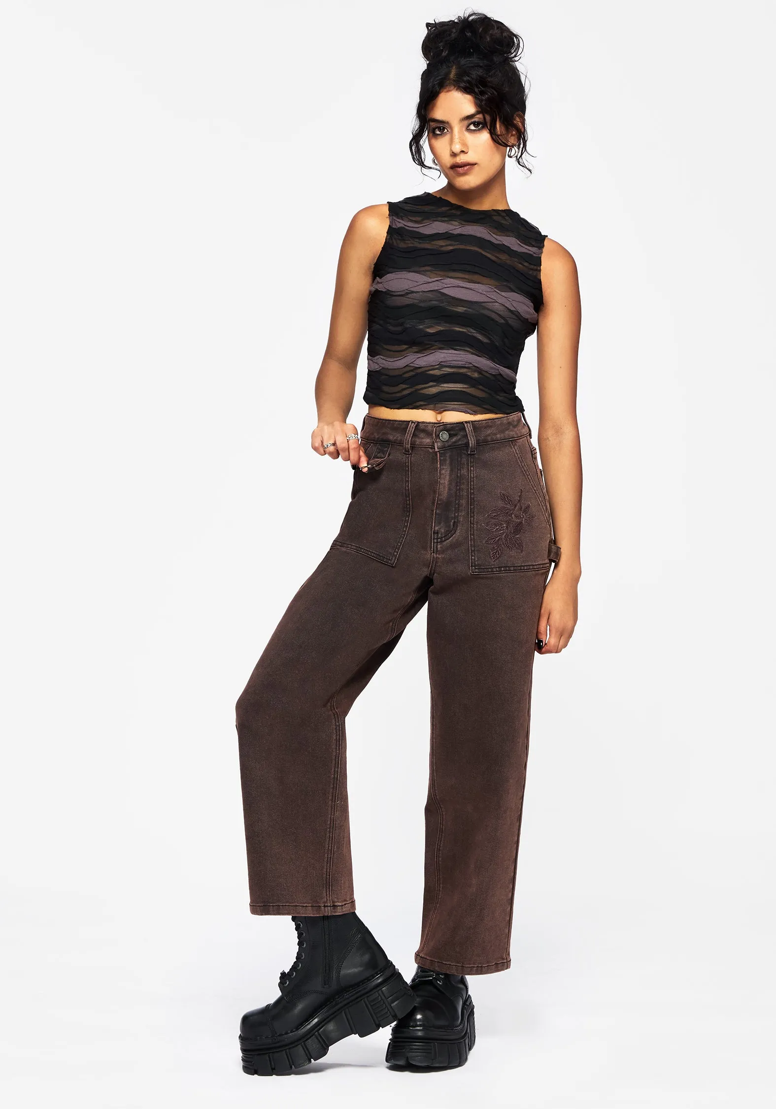 Sustainable Road Trip Clean Outfit Echo Autumnal Leaf Embroidered Pocket Detail Cropped Jeans