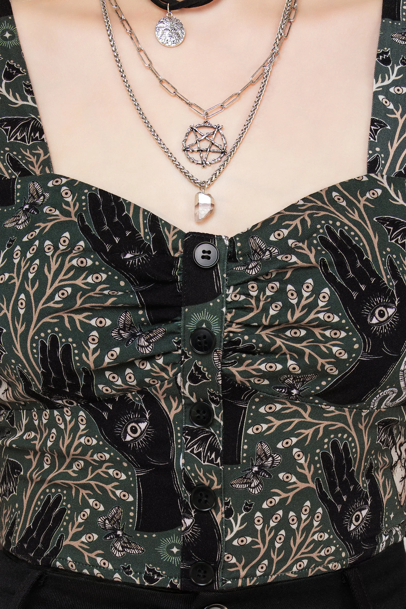 Sandwich Mesh Panel Structure Hemlock Button Up Crop Top - Green