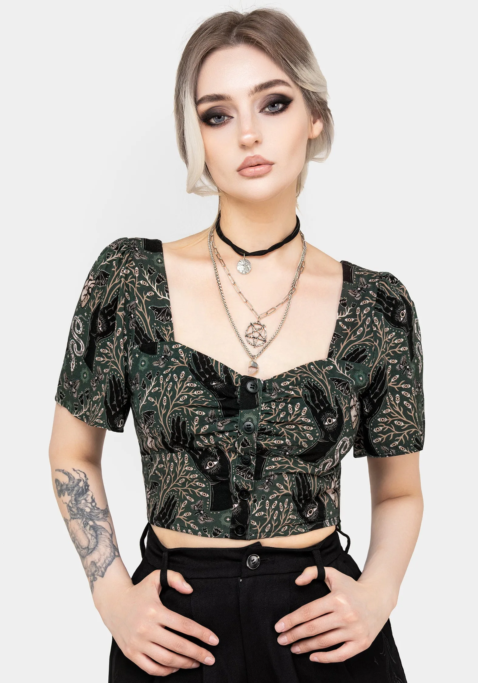 High Stretch Fabric EcoFriendly Dye Hemlock Button Up Crop Top - Green
