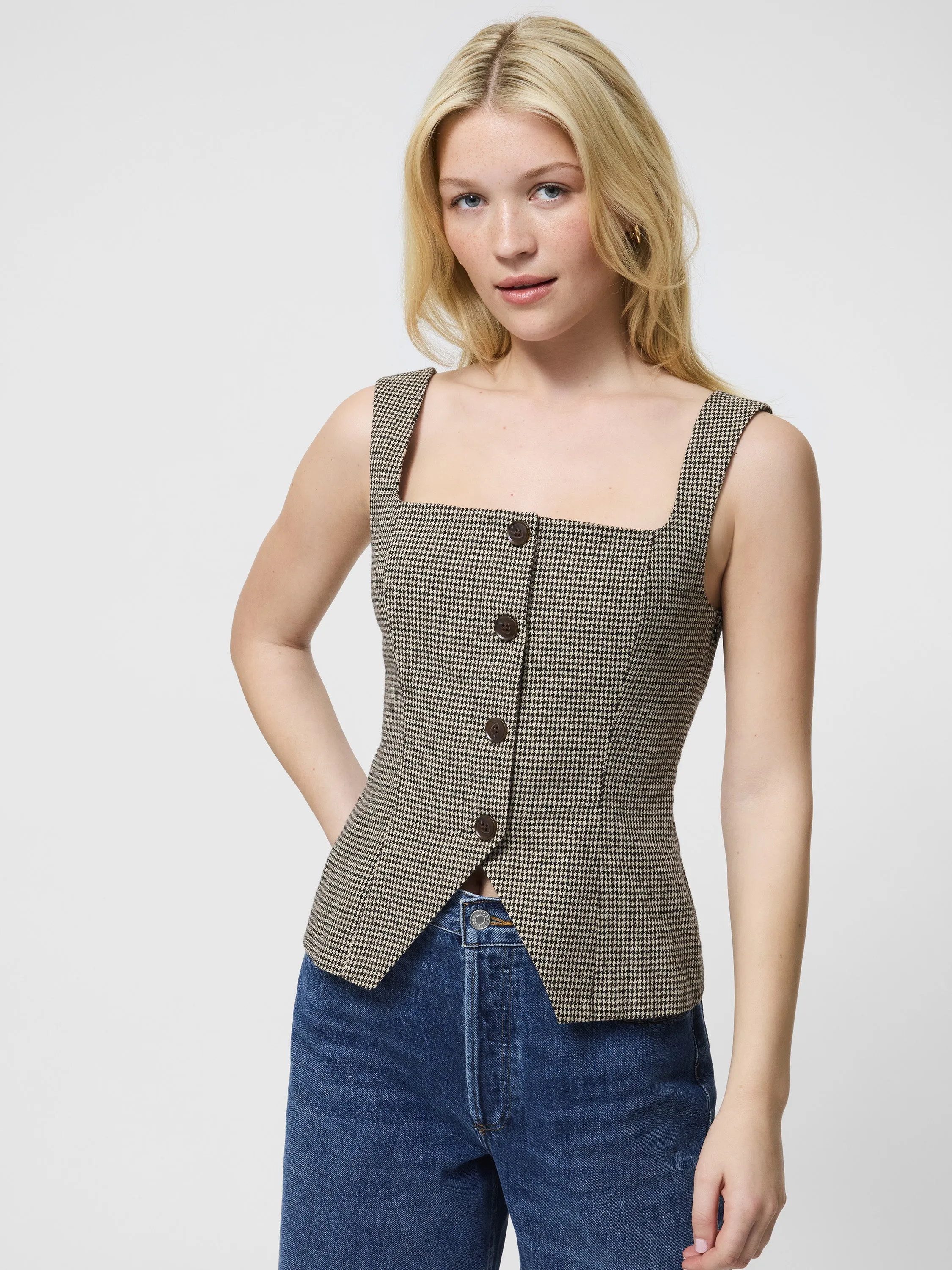 Houndstooth Wool Sleeveless Top TurtleneckDesign Bamboo Derived Material