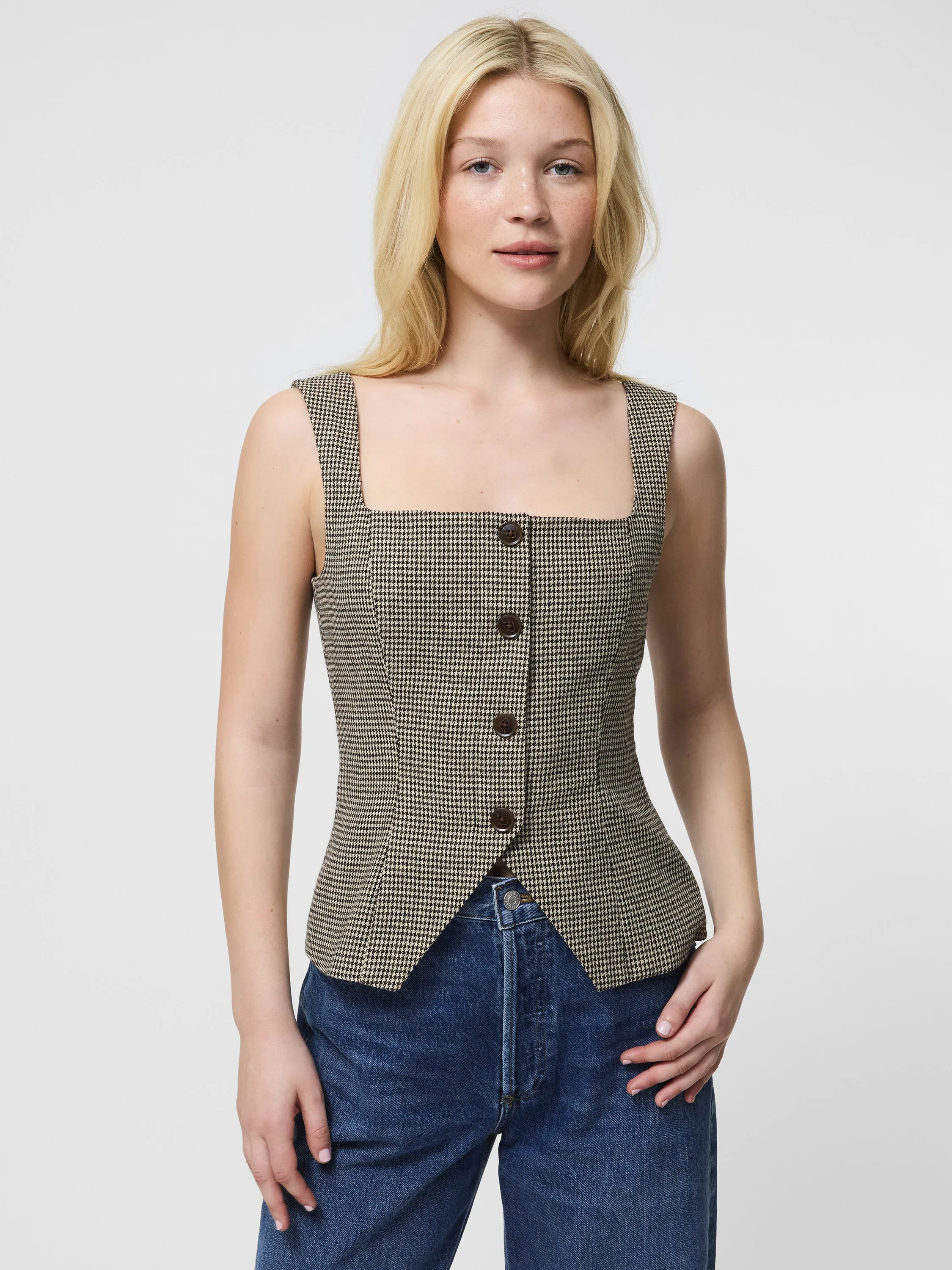 Houndstooth Wool Sleeveless Top Convertible Sleeve Adaptation Earthy Tone Colorways