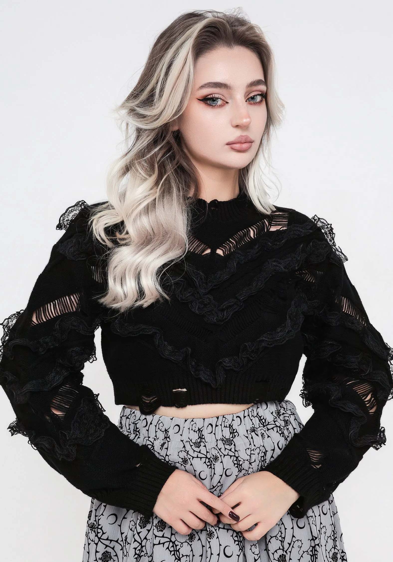 Stay Warm Volla Lace Ruffle Distressed Knit Crop Jumper