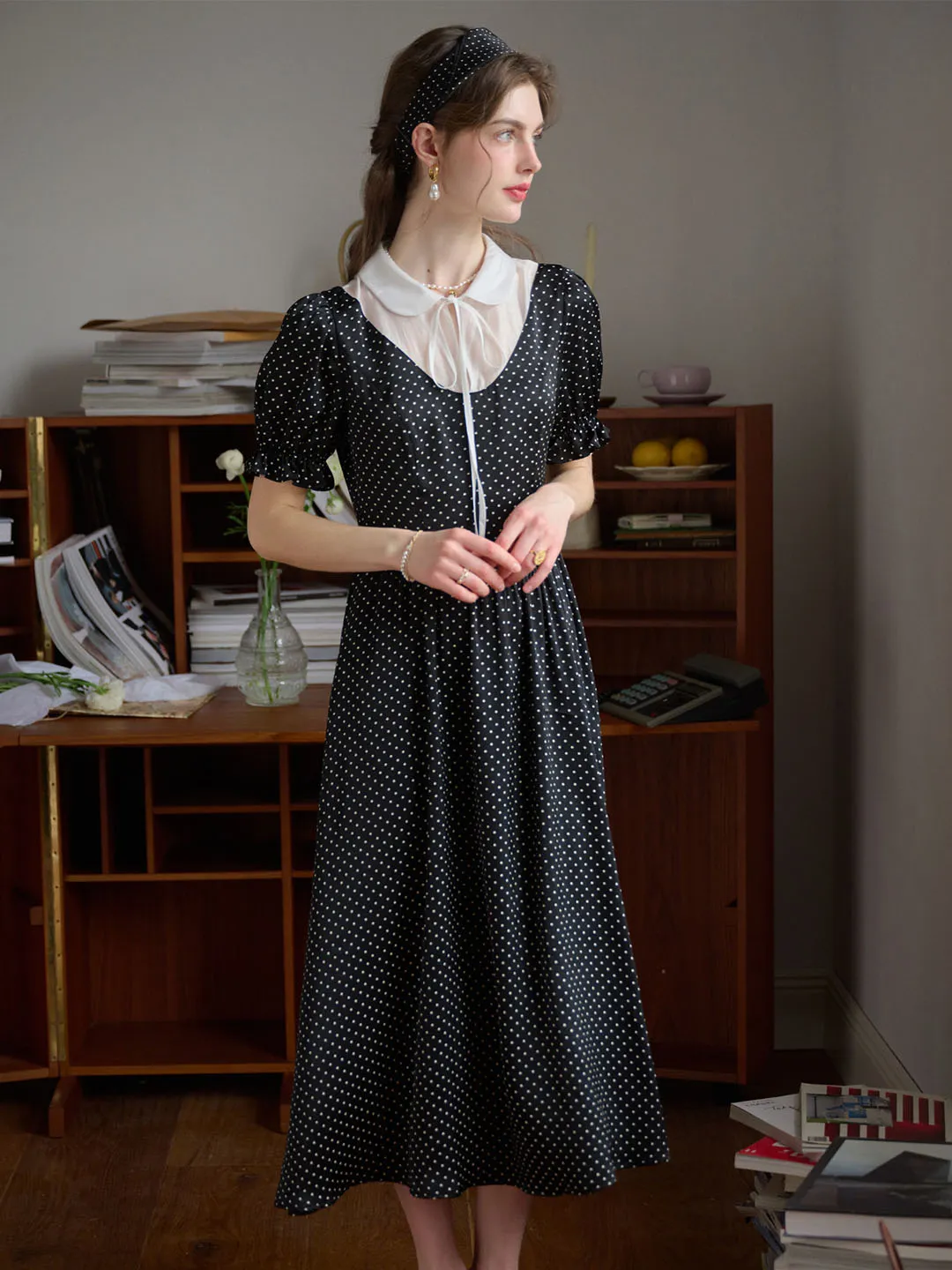 Dahlia Doll Neck Puff Sleeve Polka Dot Dress Sophisticated Charm All Day Ready