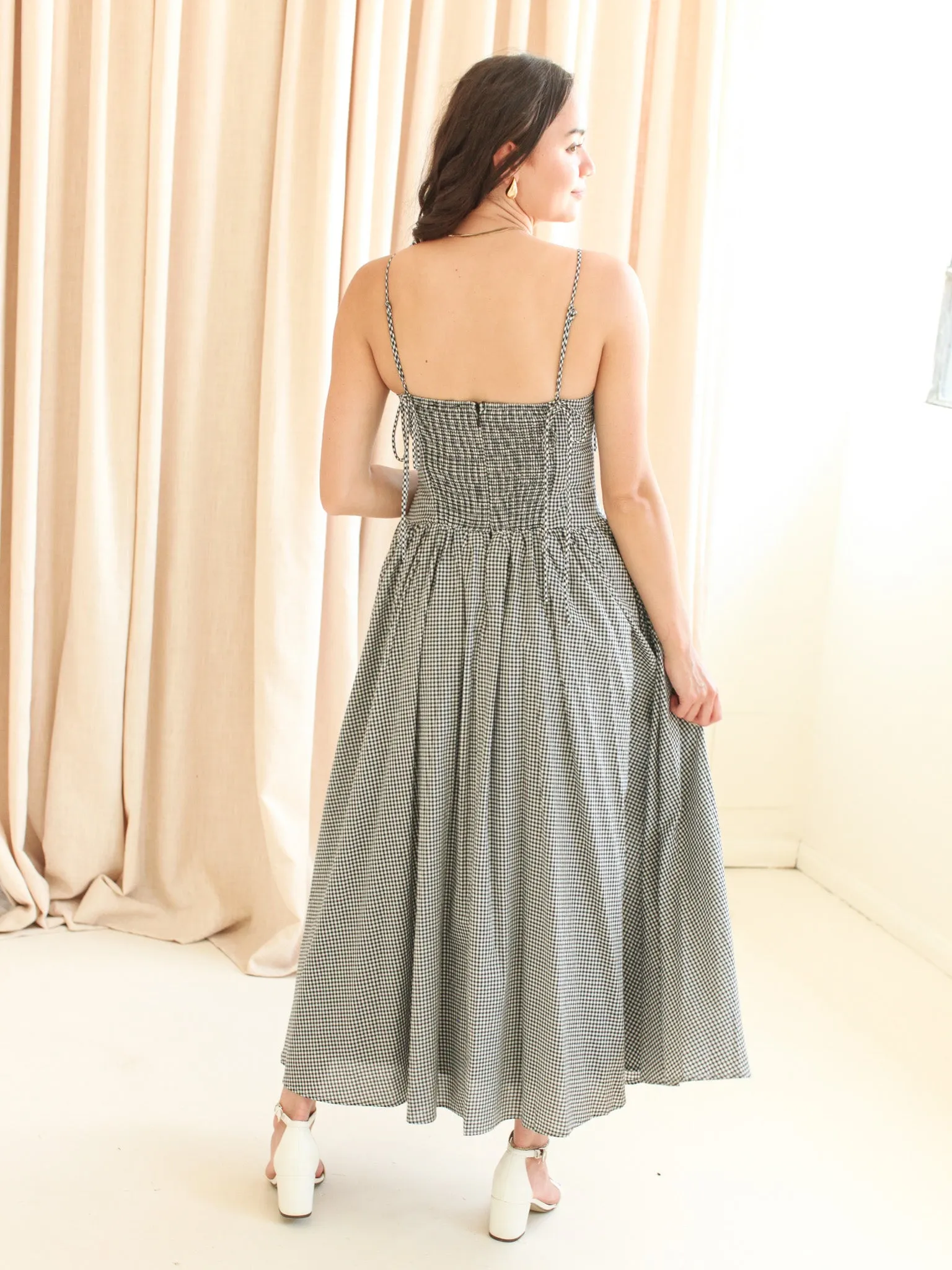 Emery Gingham Midi Dress - Navy Luxe Comfort Office Layer