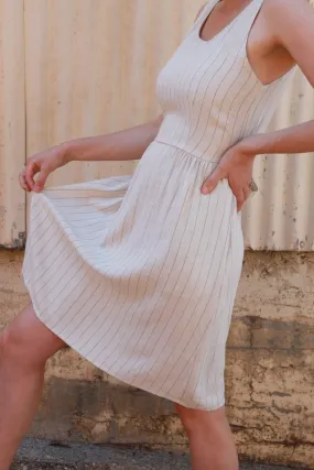 Hannah Dress in Oat Linen Stripe Office Cool