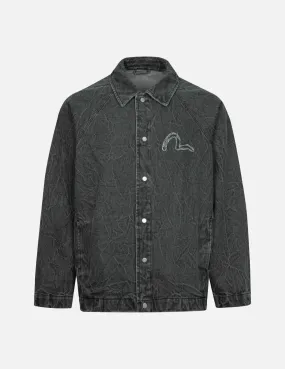 Seagull and Slogan Embroidery Oversized  Denim Coach Jacket GarmentDyed Basic Dress