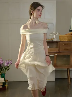 Madeleine Solid Color One Shoulder Casual Dress  (No Rose Choker) DoubleLayeredMaterial