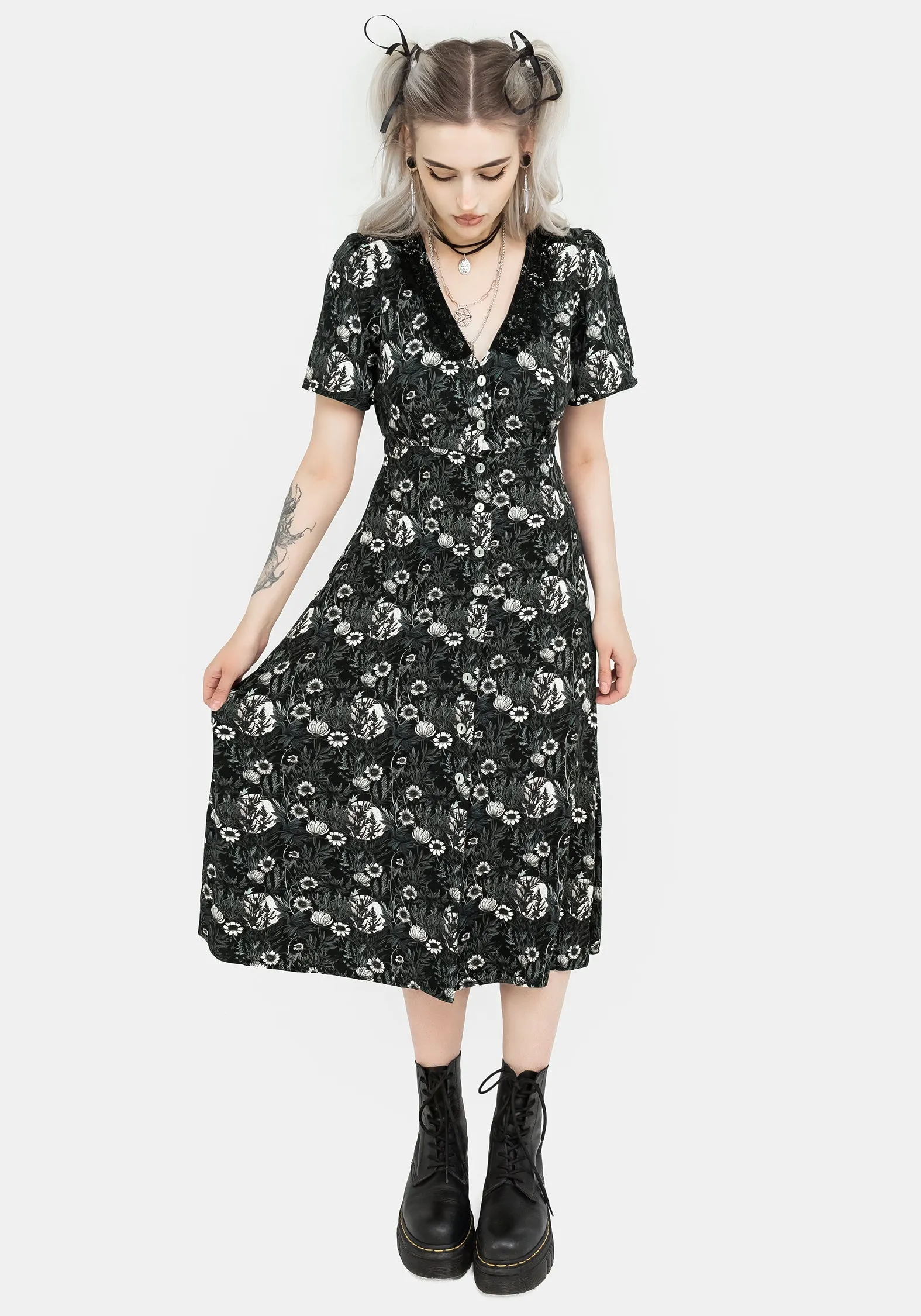 Nightbloom Button Up Midi Dress Feminine off-the-shoulder gown