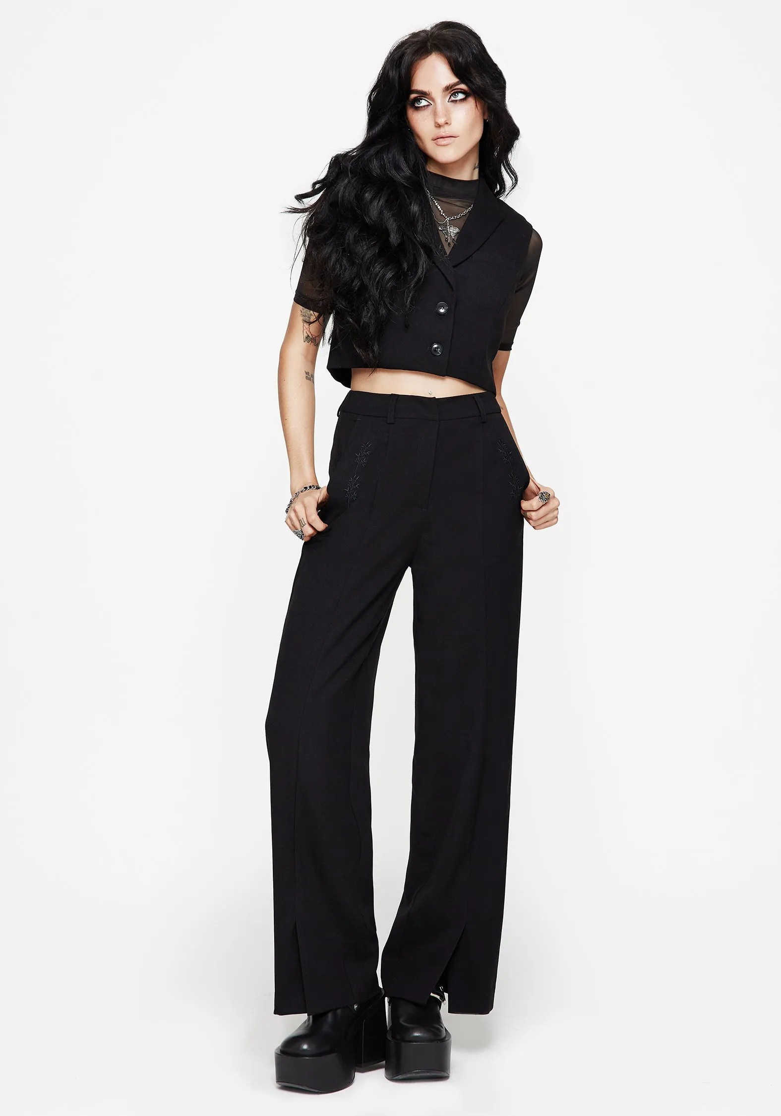 high contrast Thora Embroidered Front Split Tailored Trouser