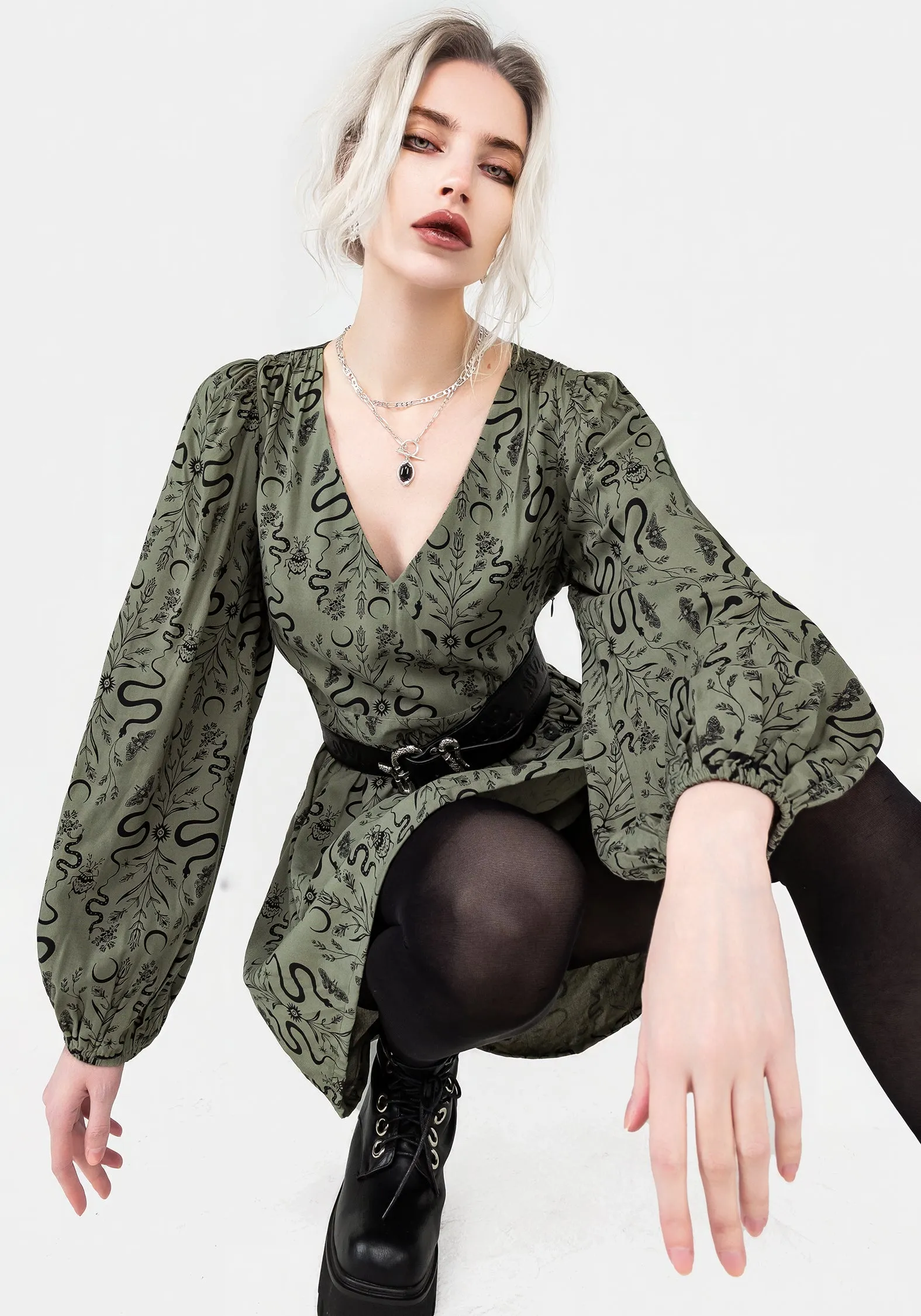 Texture Soft Dominion Snake Print V-Neck Mini Dress