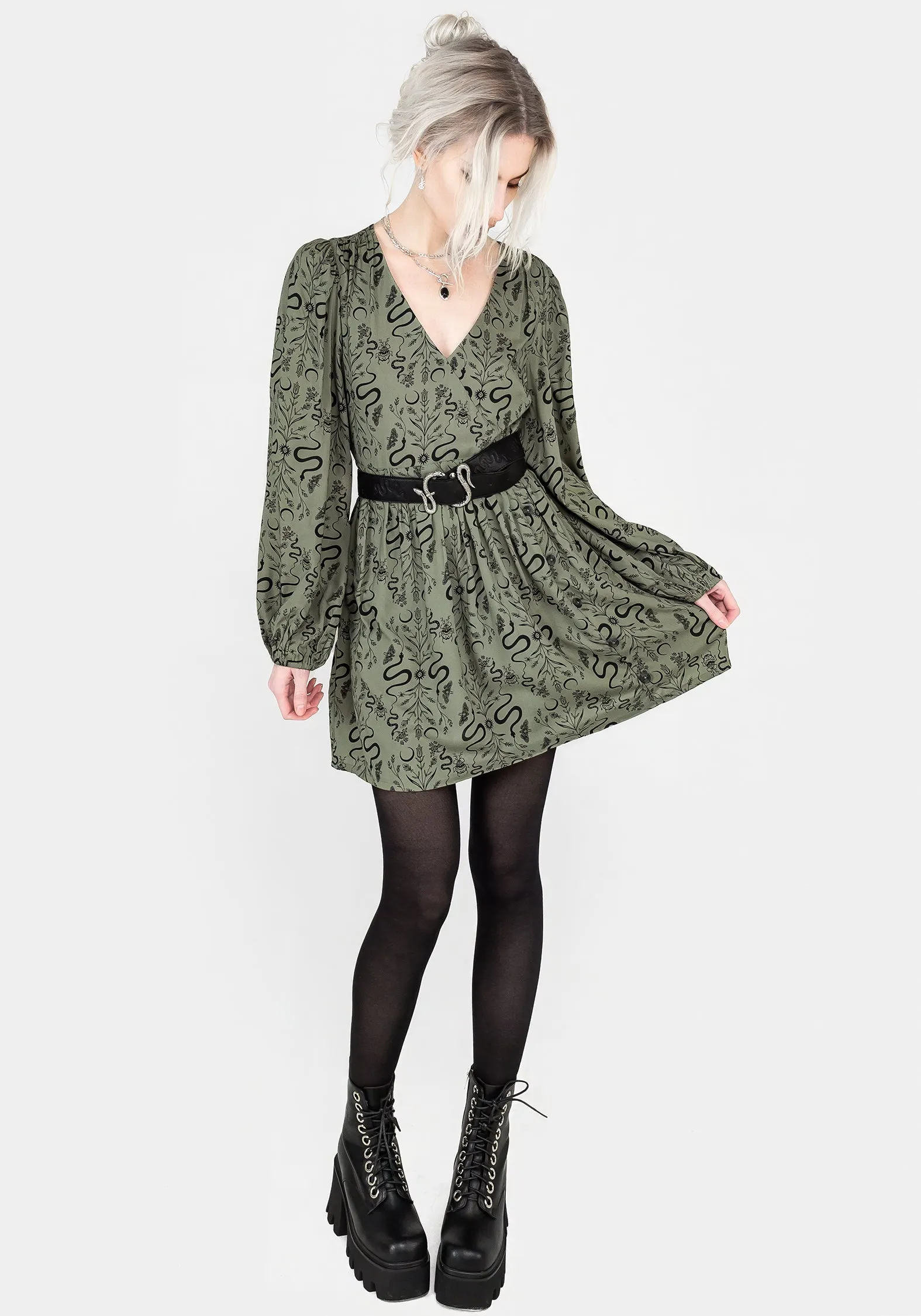 Dominion Snake Print V-Neck Mini Dress Tailored Elegance Seamless-Look