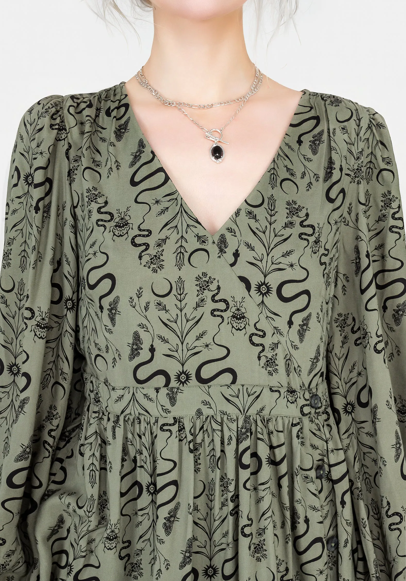 Dominion Snake Print V-Neck Mini Dress ContrastStitching Side-Zip