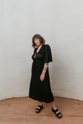 Tyrah Dress in Black Challis Flowing Fit Side Slit