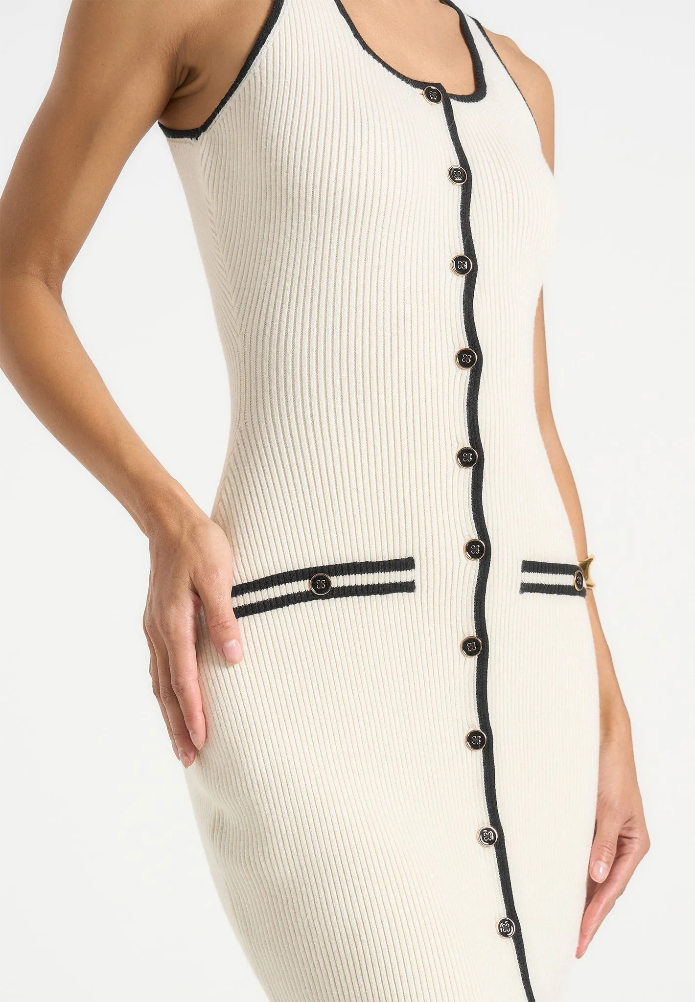 Daphne - Rib Knit Contrast Midaxi Dress - Cream/Black Soft Wear
