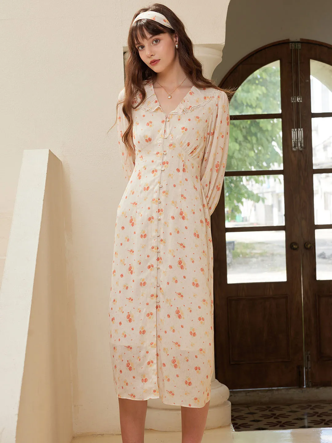 Daywear Comfort Boat-Neck Elia Elegant V Neck Lace Panel Floral Print Dress