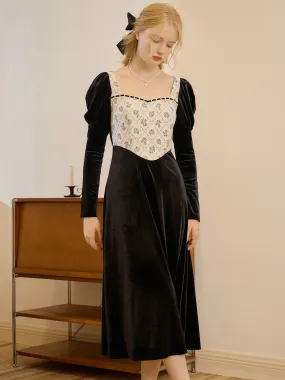 Eliza Square Neck Contrast Patchwork Puff Sleeve Dress Street Elegance Versatile party outfit