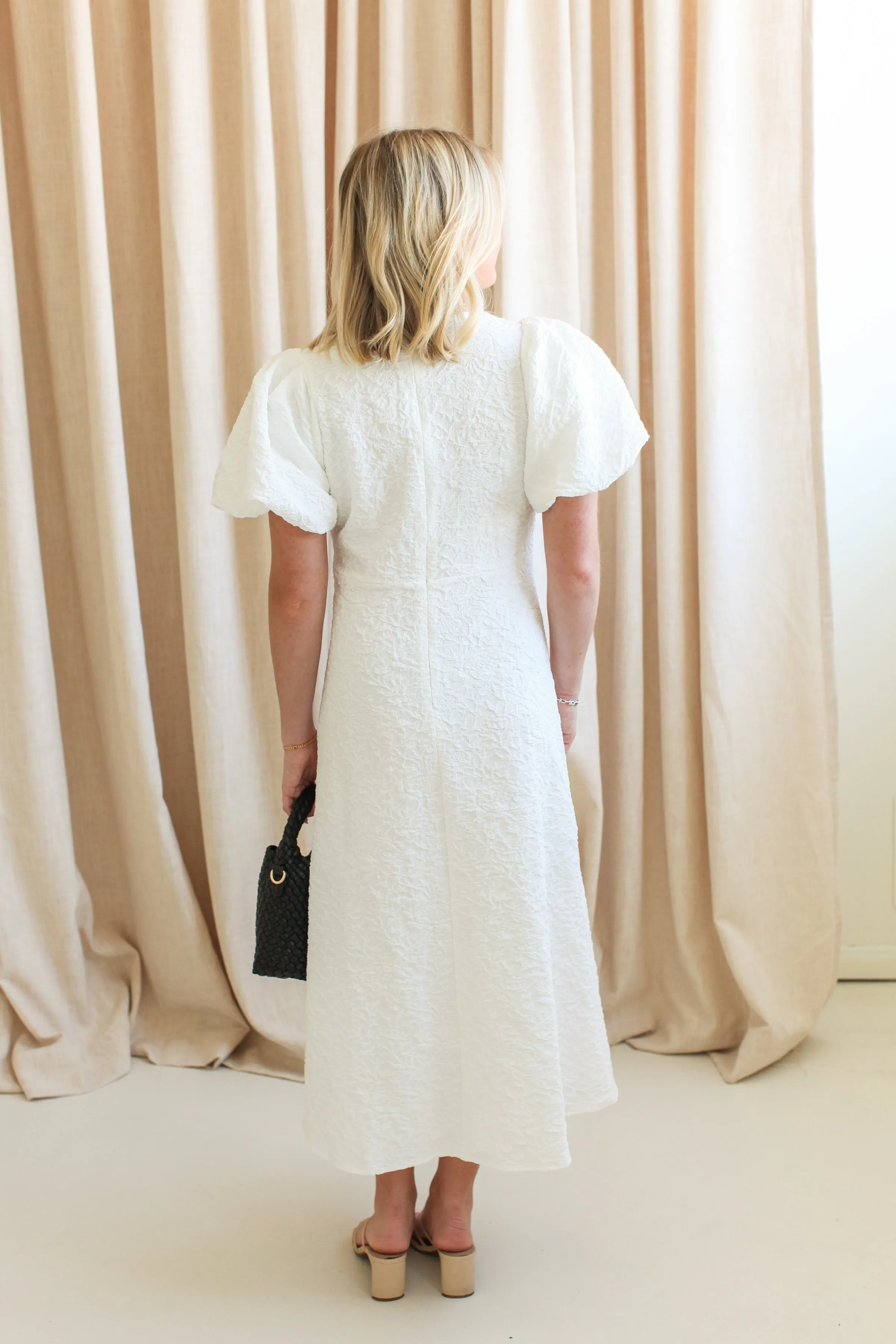 Ella Jacquard Midi Dress- White Casual Fit Effortless Wear