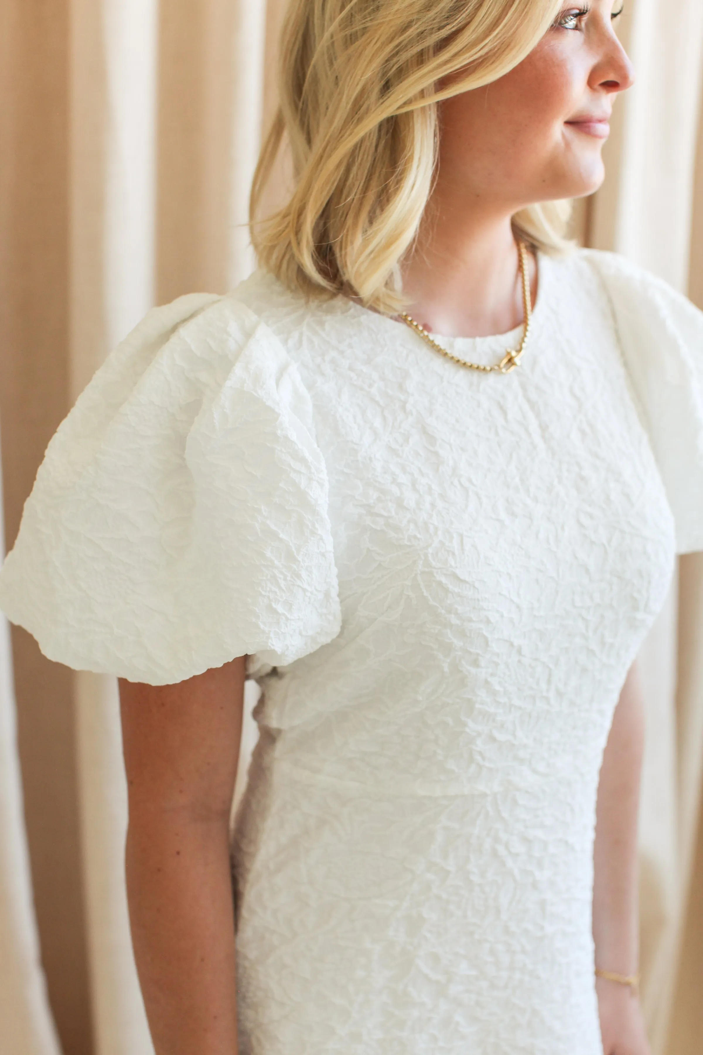 Ella Jacquard Midi Dress- White One Piece Look Embroidered-Sleeve