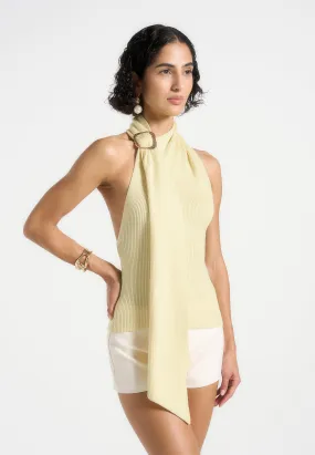 Midweight Knit Elodie - Knitted Draped Halterneck Top - Pale Yellow