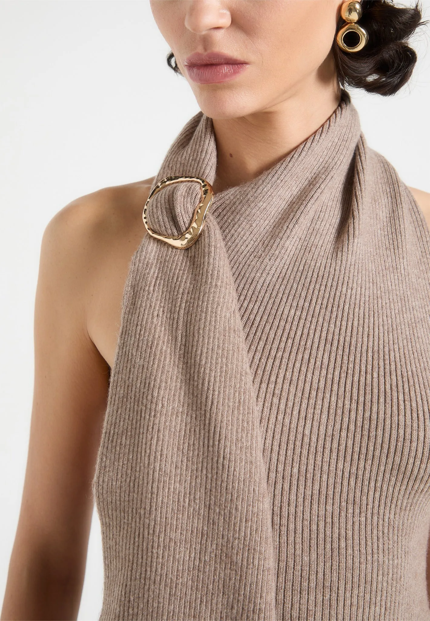 Elodie - Knitted Draped Halterneck Top - Taupe Customizable