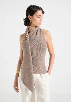 Slim Silhouette Bohemian Elodie - Knitted Draped Halterneck Top - Taupe