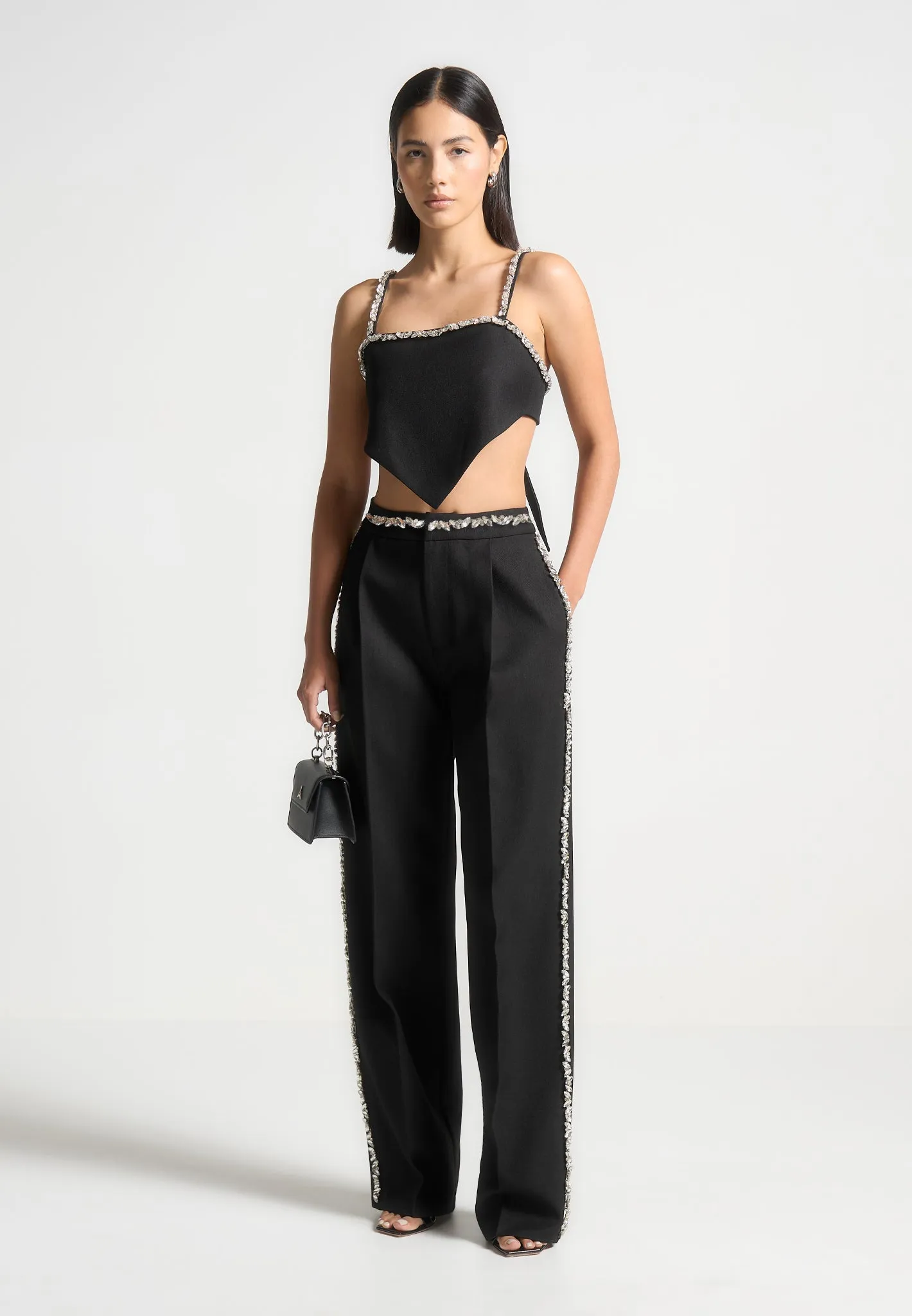 Easy Look Classic Crew Neck Eloise - Embellished Strap Handkerchief Top - Black