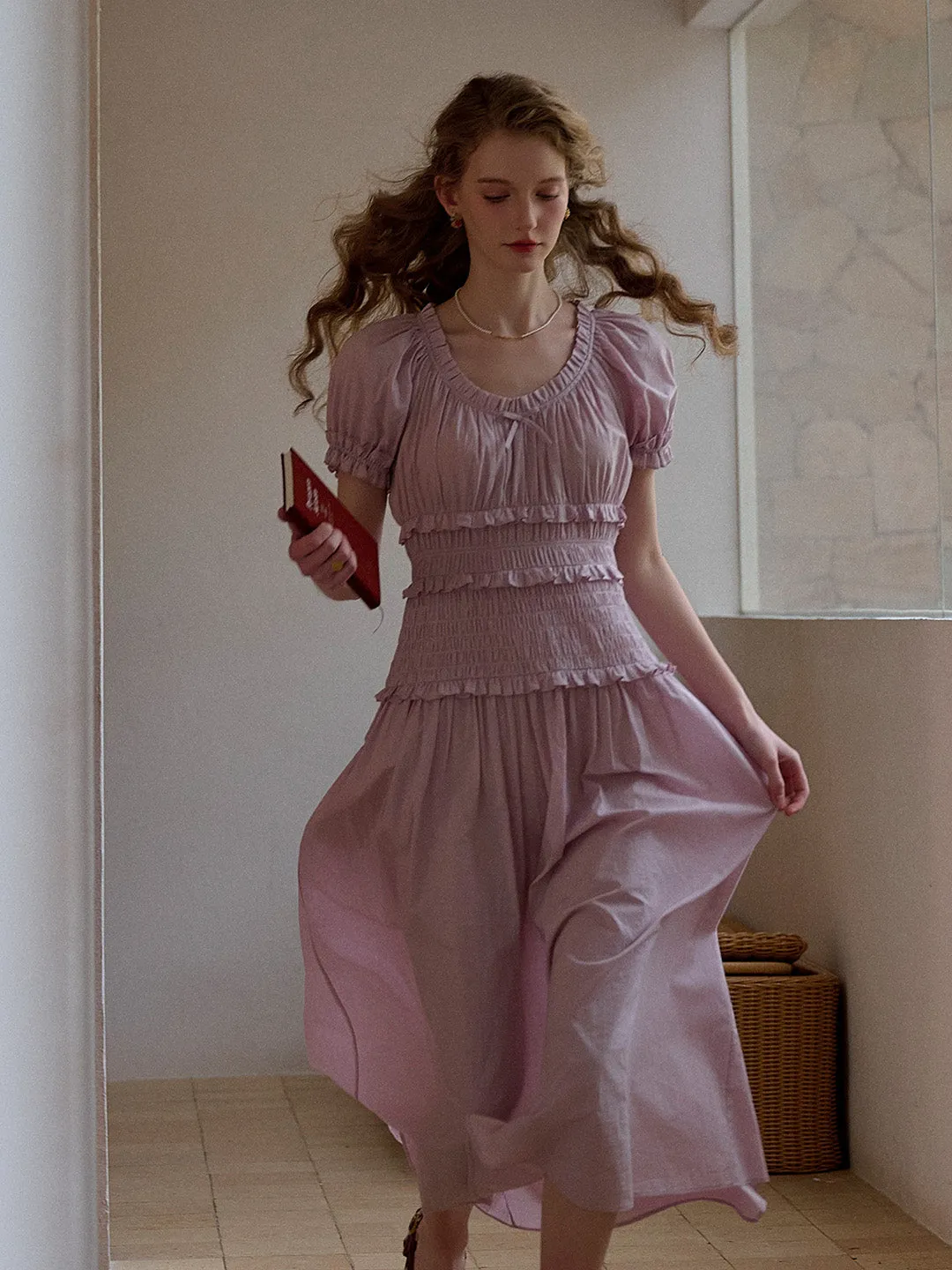 Elowen Round Neck Pleated 100% Cotton Dress Classic Wardrobe Piece Formal Choice