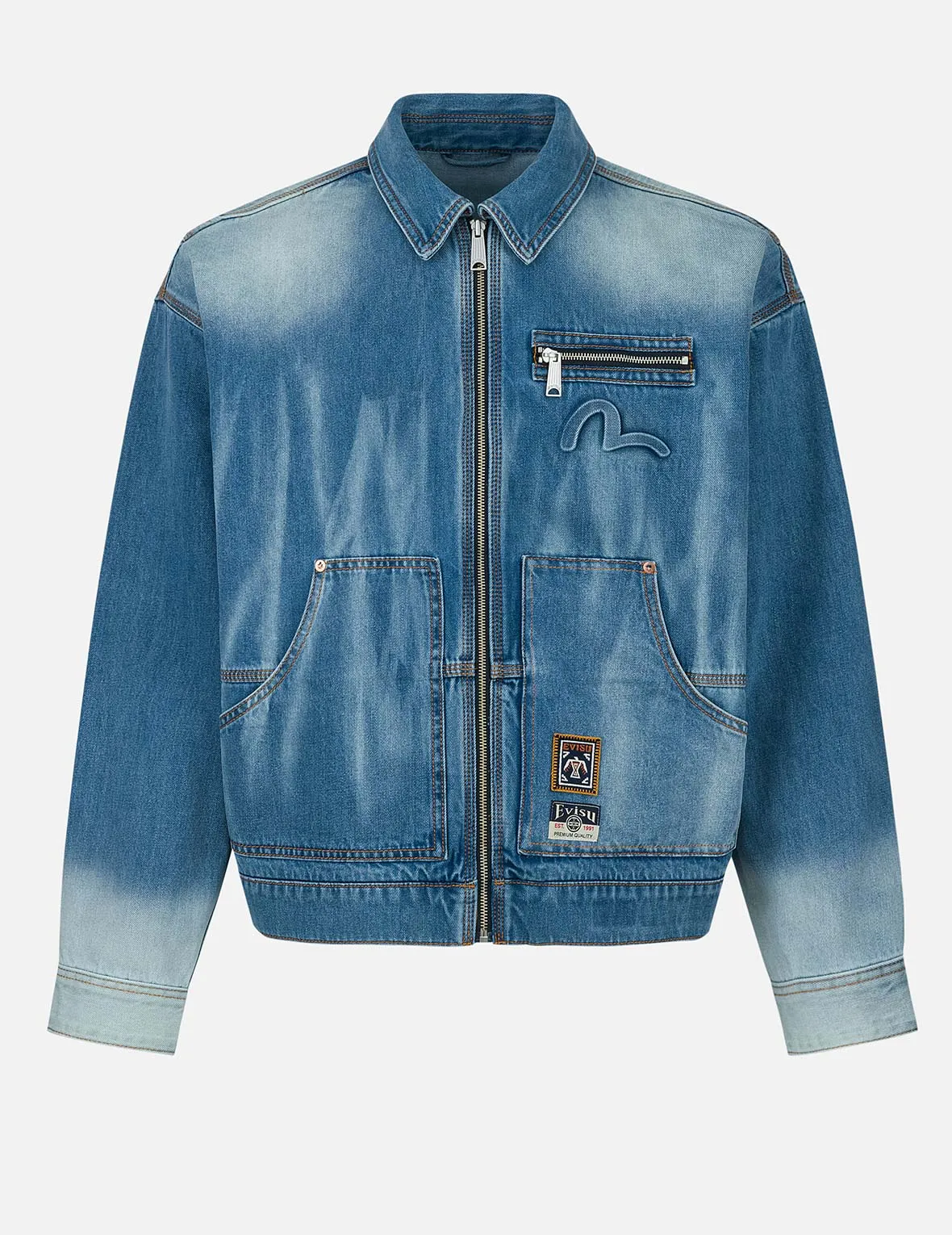 Noise Reducing Fabric Treatment Emboss Kamon Relax Fit Worker Denim Jacket