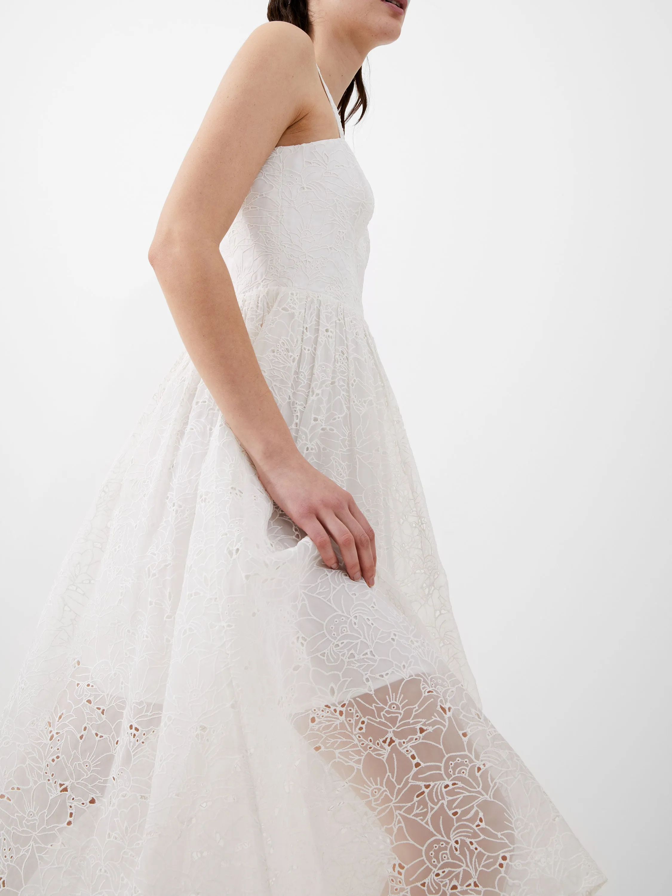 Embroidered Evelyn Lace Strappy Dress Flattering Silhouette Ruffle Detail