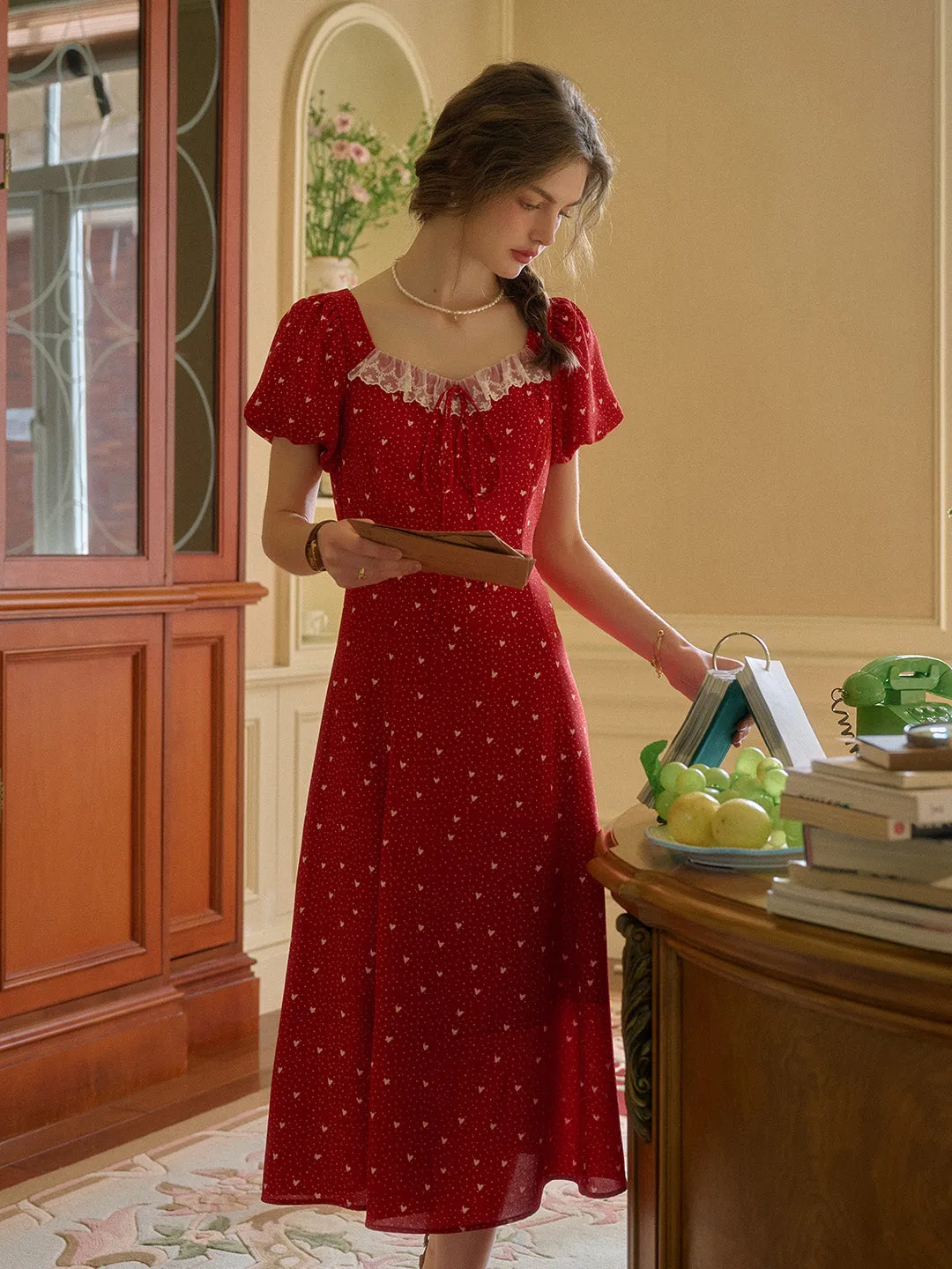 All Wear Calm Grace Emma Square Neck Lace Puff Sleeves Dress