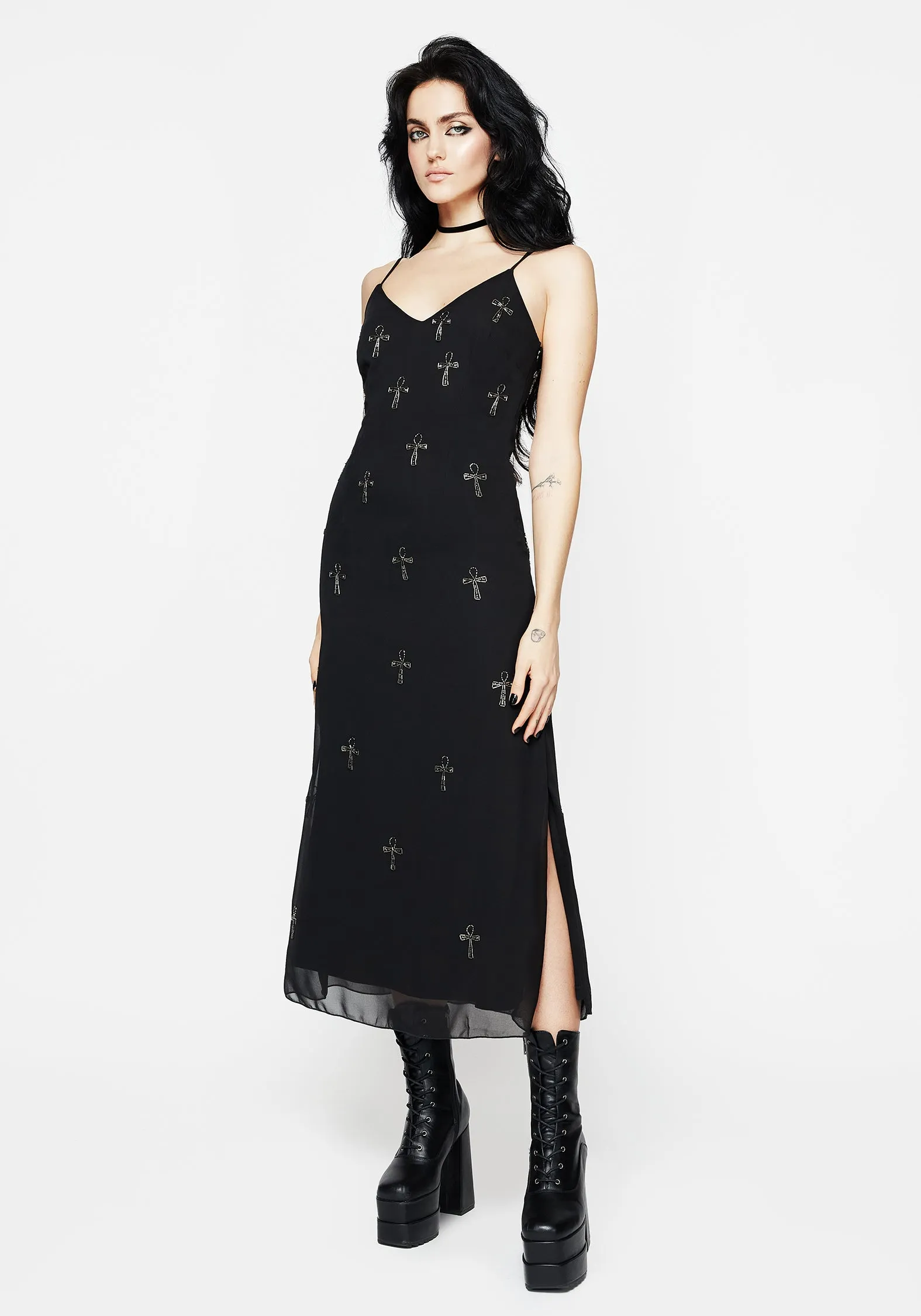 Adjustable-Straps Ankh Beaded Chiffon Midaxi Cami Dress