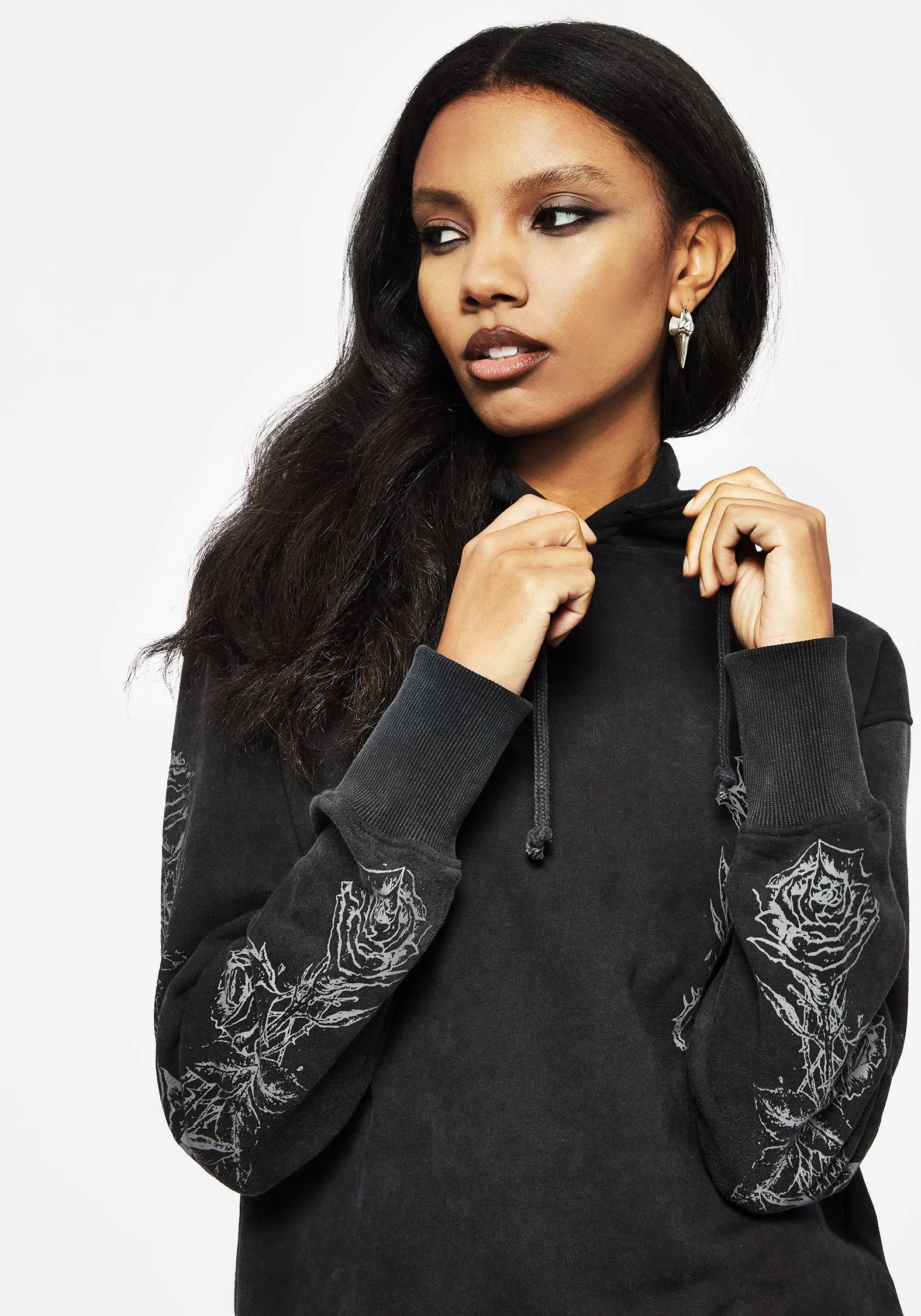 VentilatedArmholes Entwined Rose Graphic Print Longline Hoody