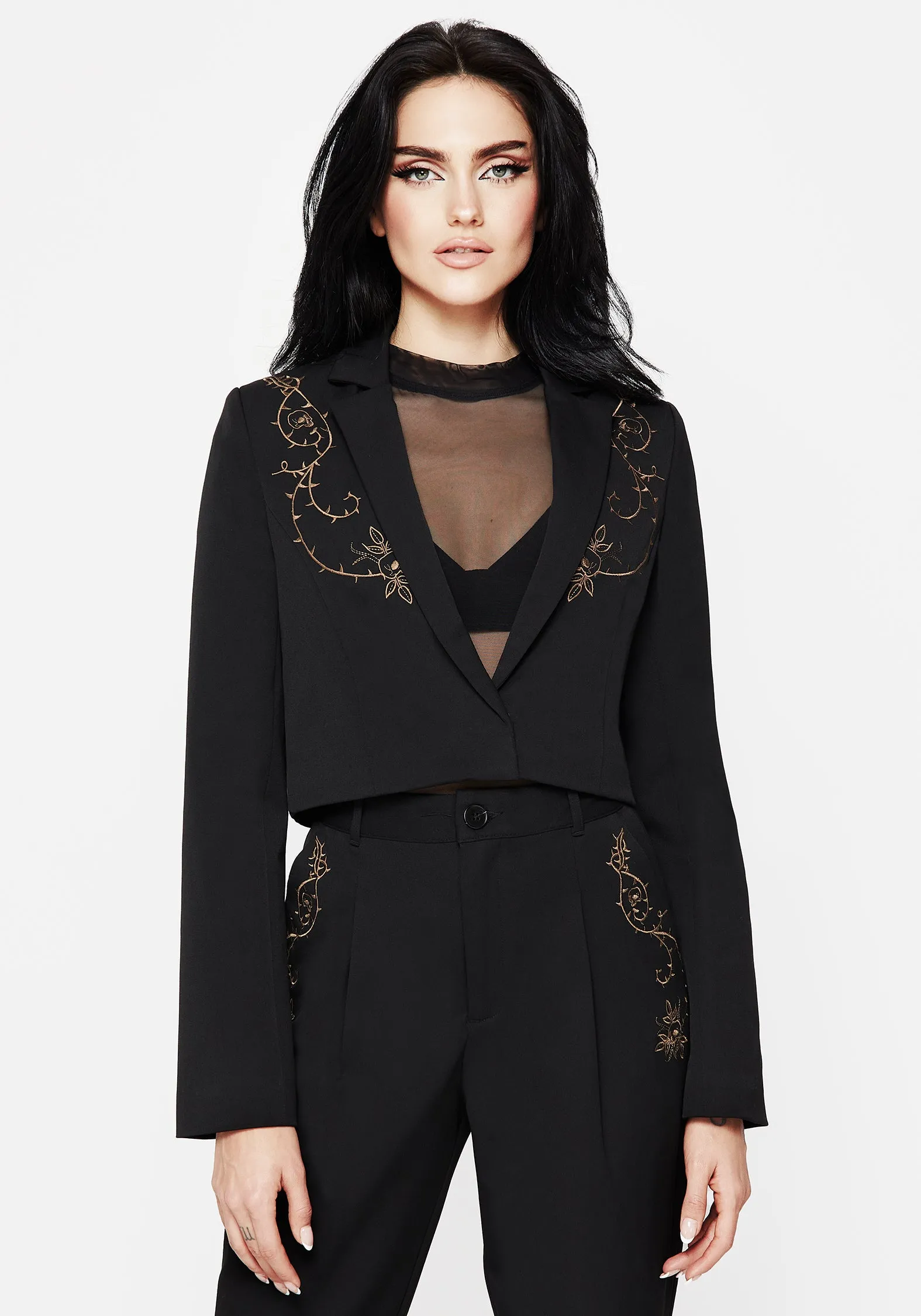 Hidden Pocket Design Vanitas Thorn Embroidered Crop Blazer