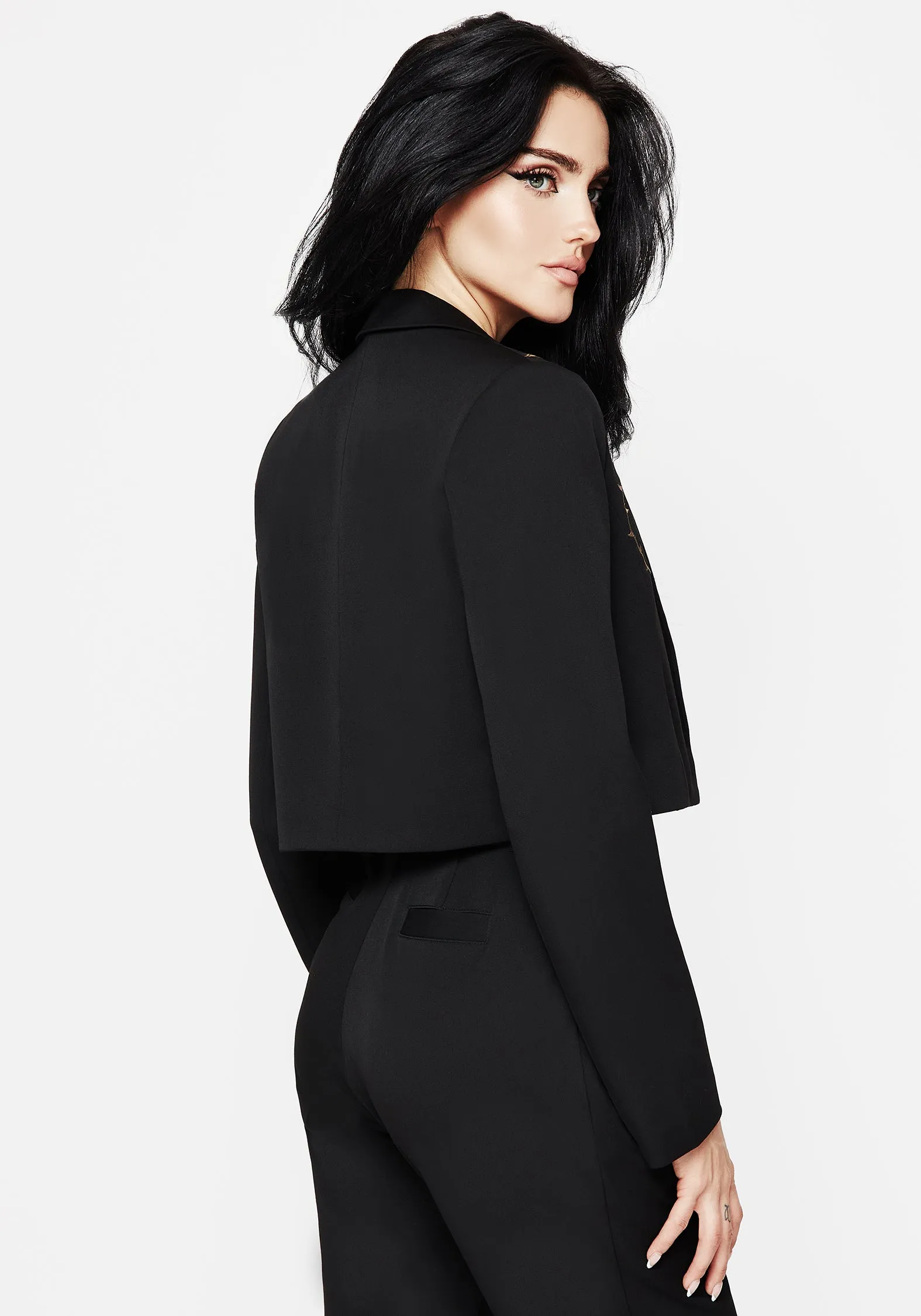 Reflective Trims Wrinkle Free Texture Vanitas Thorn Embroidered Crop Blazer