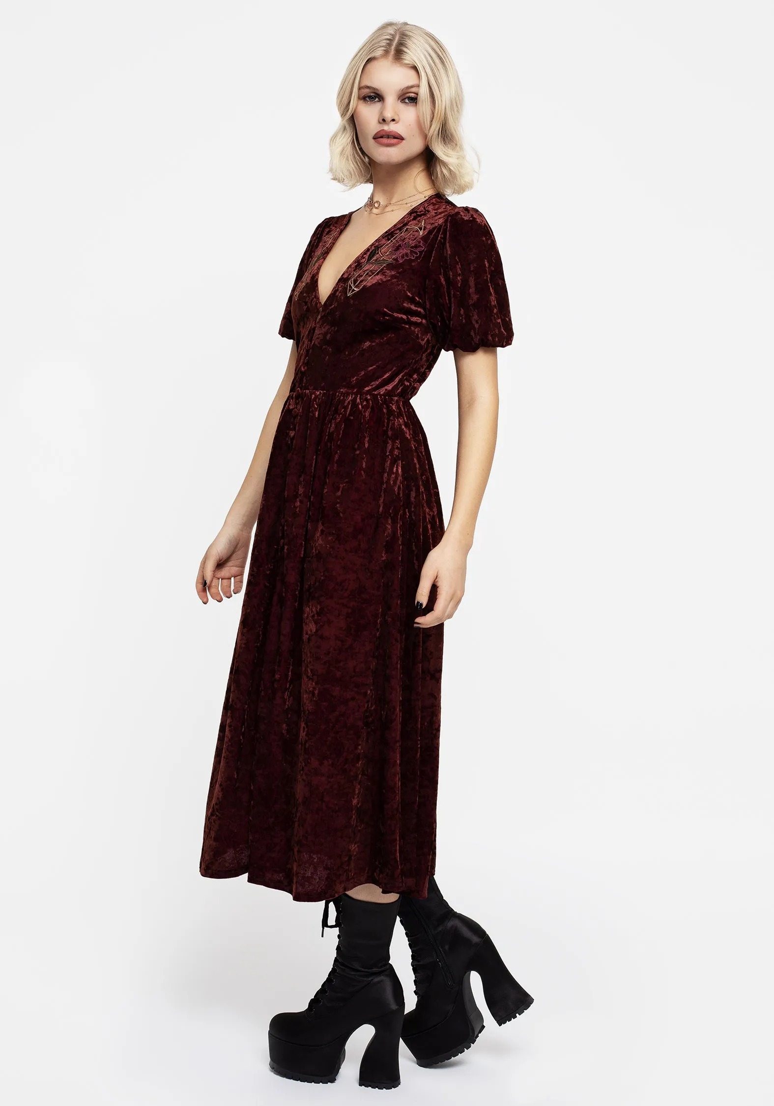 Event Safe Flattering Style Fit Essence Crushed Velour Button Up Midi Dress