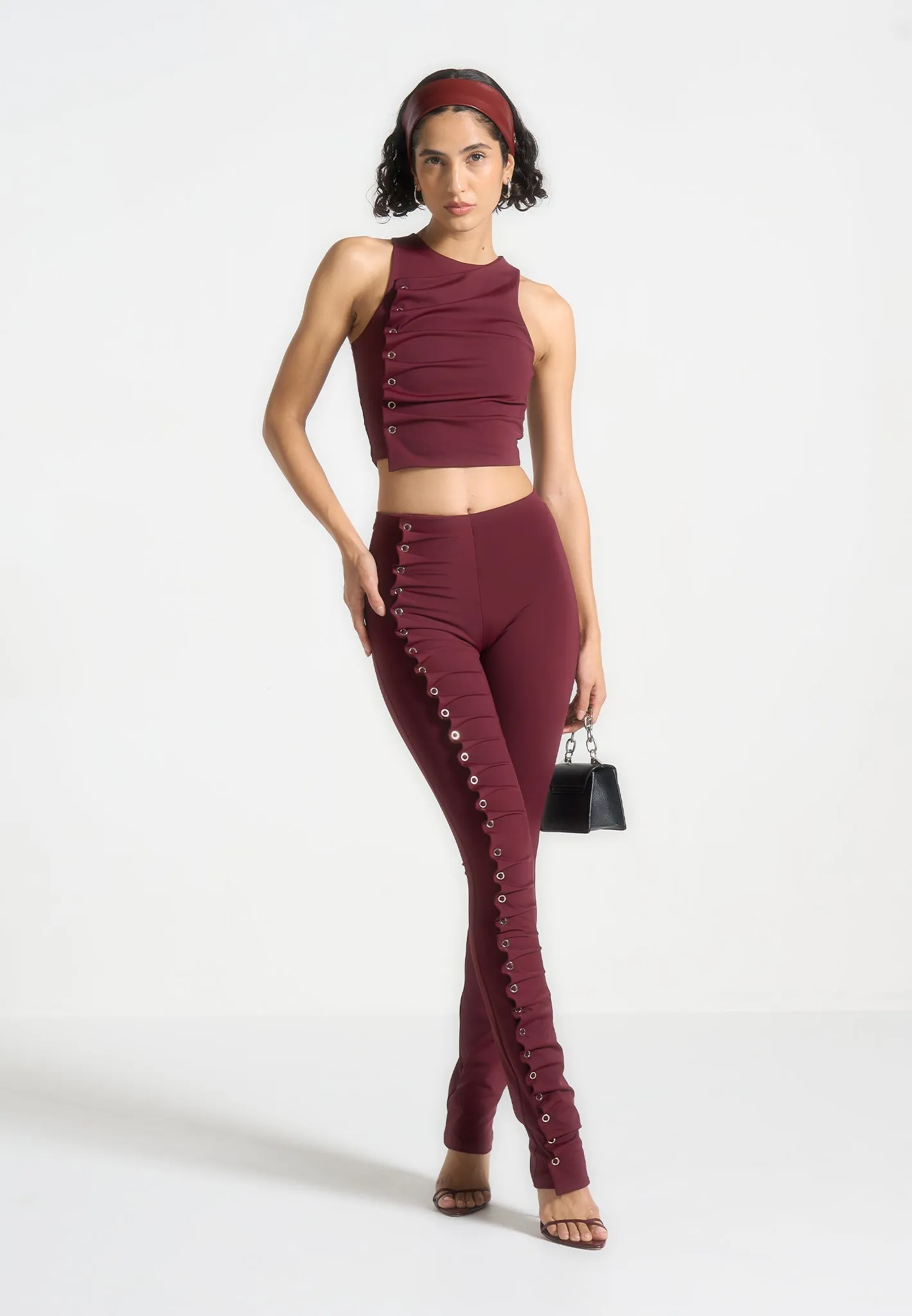 Eyelet Detail Tacked Racer Top  - Wine Red Street Style Trend Light Breeze