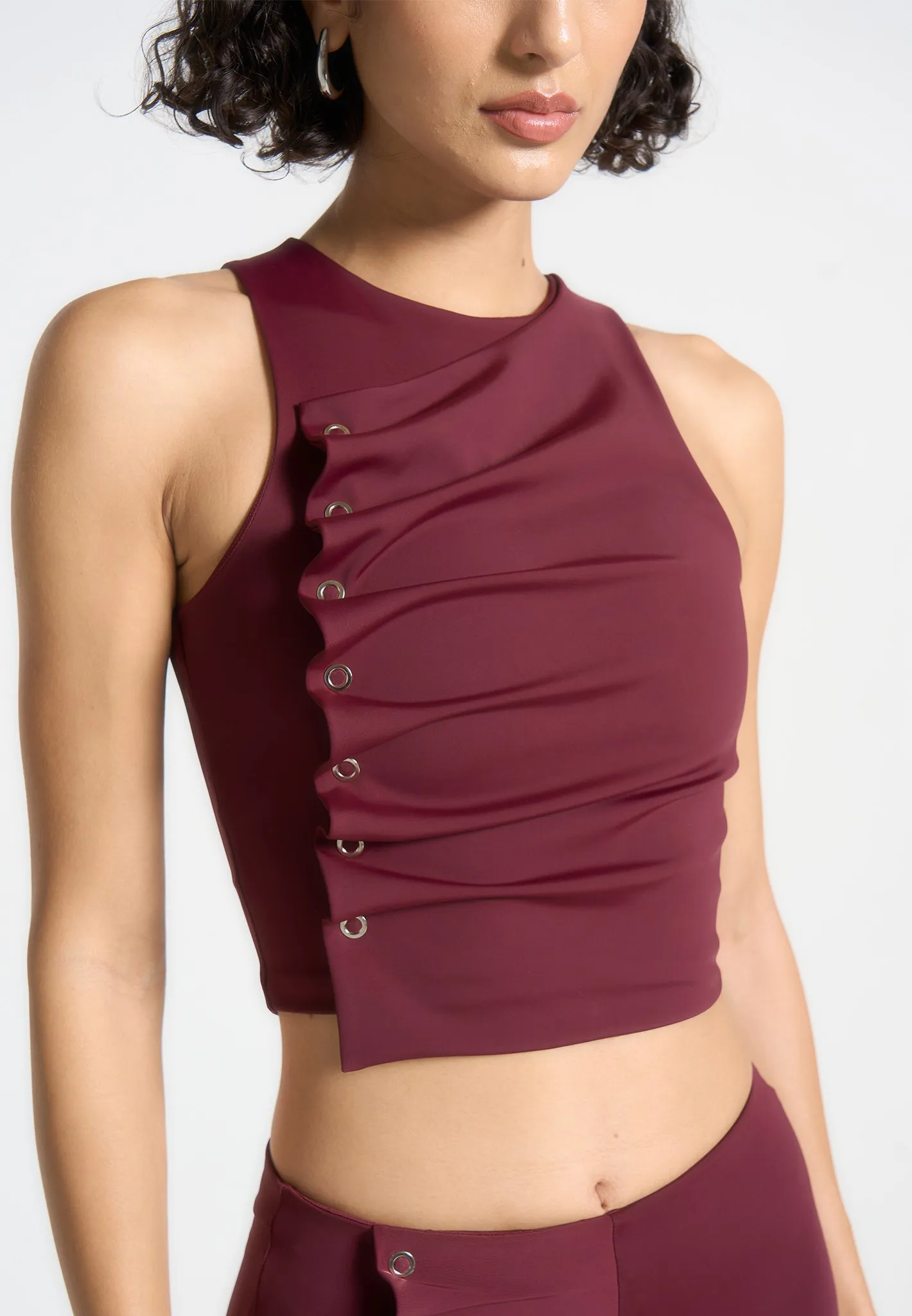 Trendy popularity Eyelet Detail Tacked Racer Top  - Wine Red